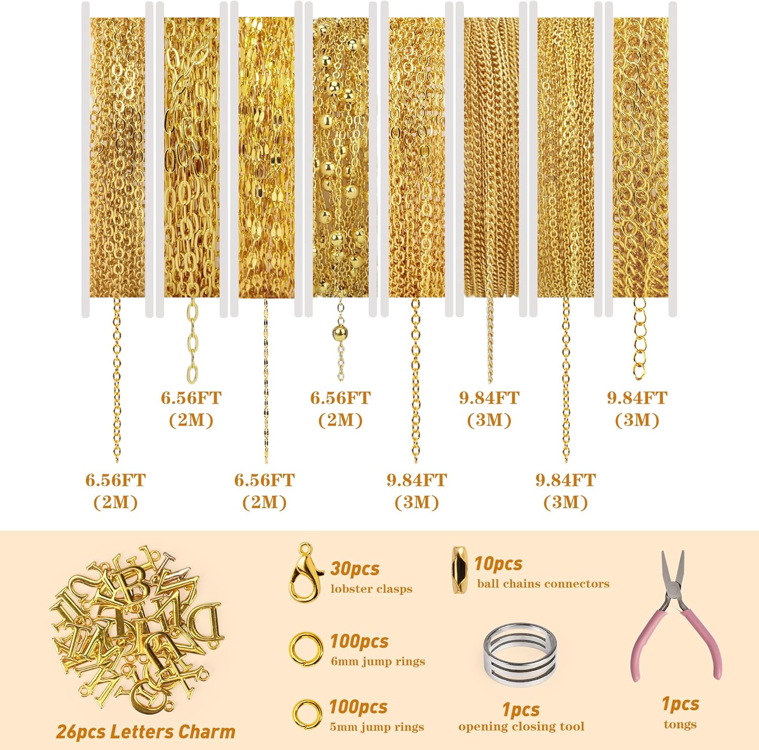 18K Gold Necklace Chains for Jewelry Making 65.6 Feet 8 Rolls Styles Chains Bulk for DIY Bracelet Necklace Jewelry Making with 26pcs Letter Charm Lobster Clasp and Jump Rings Connectors - Image 2