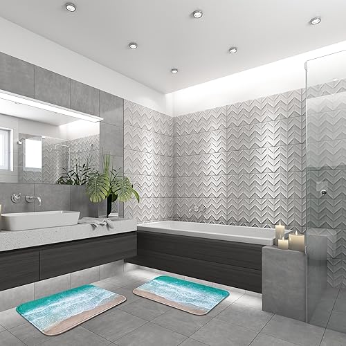 Miniatura 4 de Britimes Juego de 2 tapetes de baño, alfombras antideslizantes, color azul, mar, azul, playa, decoración de baño, alfombras de 16 x 24 pulgadas y 20