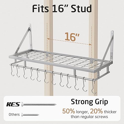Miniatura 7 de KES KUR215S75A-SG - Estante para ollas y sartenes de 30 pulgadas, para colgar en la pared, con 12 ganchos resistentes, estantes modernos para colgar