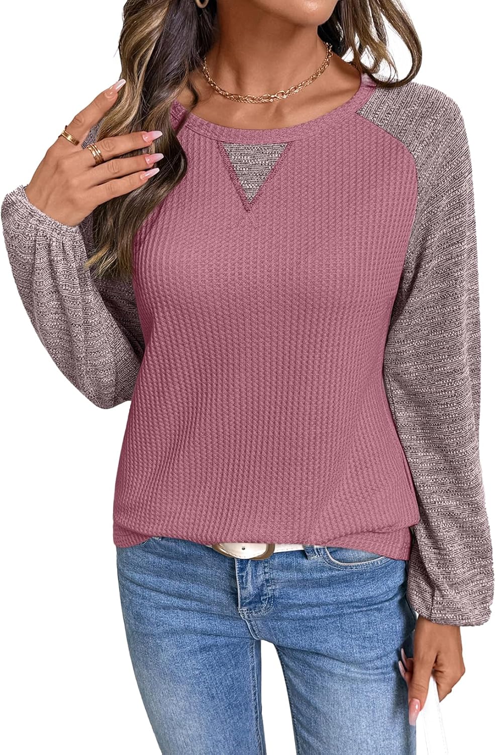 SHEWIN Womens Waffle Knit Tops Casual Crewneck Contrast Long Sleeve Shirts Loose Blouses Pullover Tunic Top