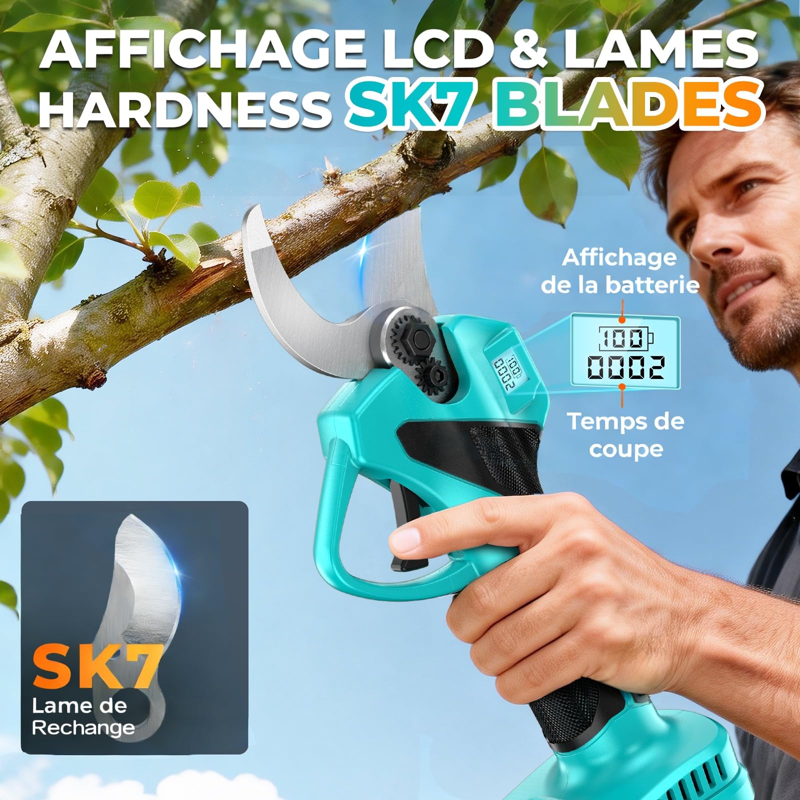Sécateur Électrique Sans Fil, Léger Secateur electrique, Moteur sans balais, Capacité de Coupe de 33mm, avec Écran LCD, 2 batteries, & Lames de rechange, pour le Jardinage, les Branches, les Oliviers