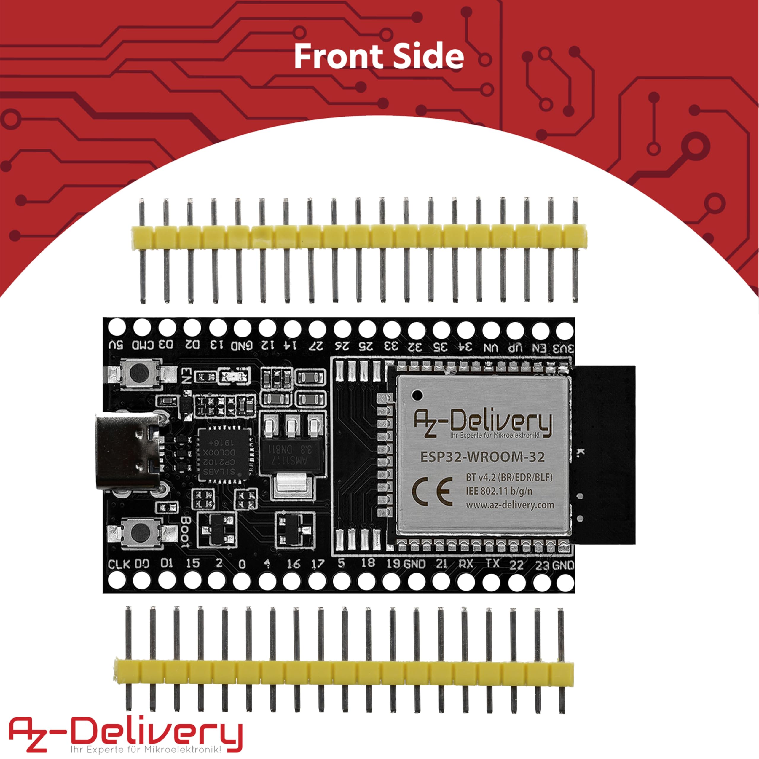 AZDelivery 5 x ESP-32 Dev Kit C nielutowane NodeMCU moduły WLAN ze złączem USB-C WiFi Development Board z CP2102 (następca modelu ESP8266) kompatybilne z Arduino wraz z e-bookiem!