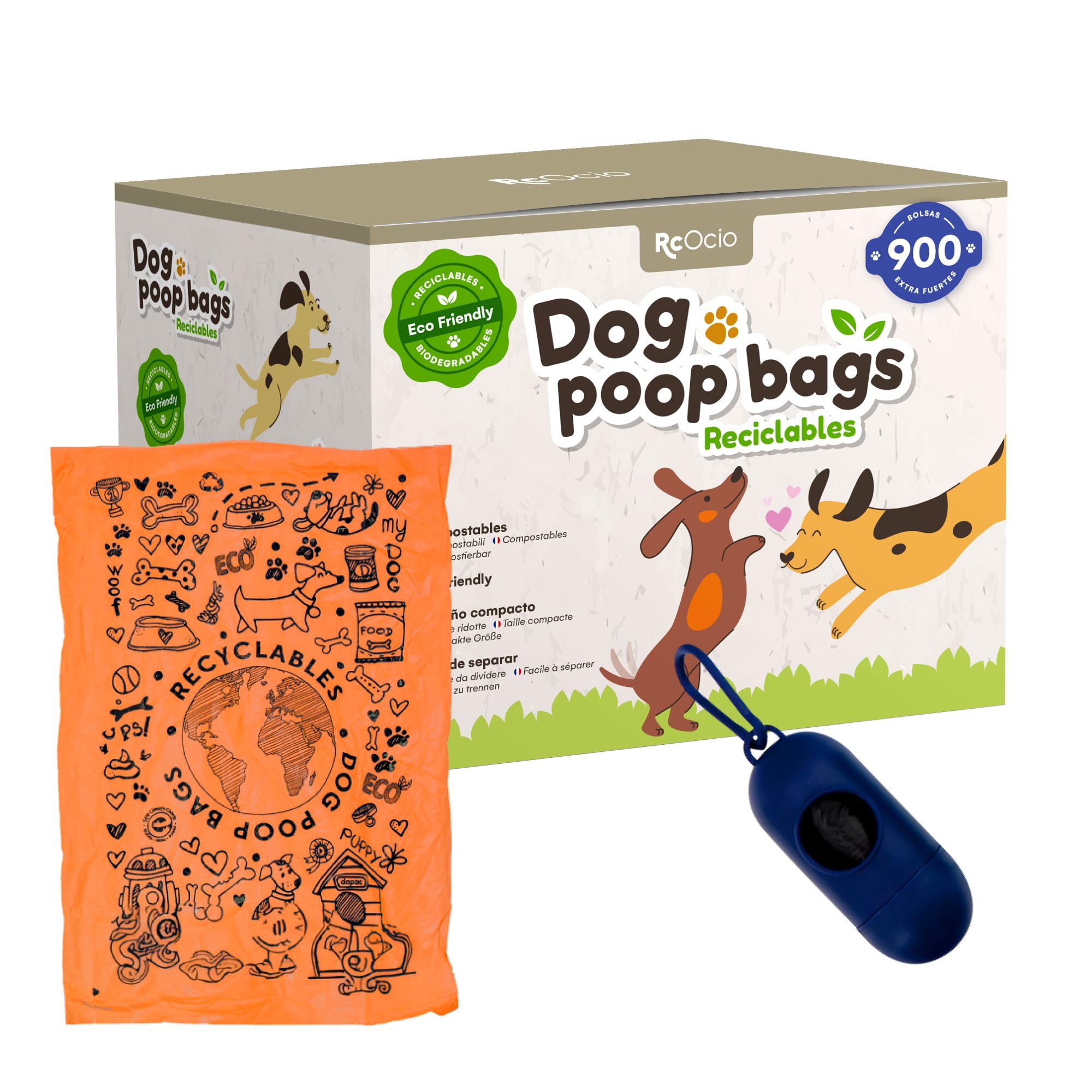 Rc Ocio Bolsas Caca Perros ecologicas con Porta Bolsa dispensador/Rollo bolsitas Baratas/higienicas para excrementos Perro Grande y pequeñas/recogedor de heces y excremento de Mascotas
