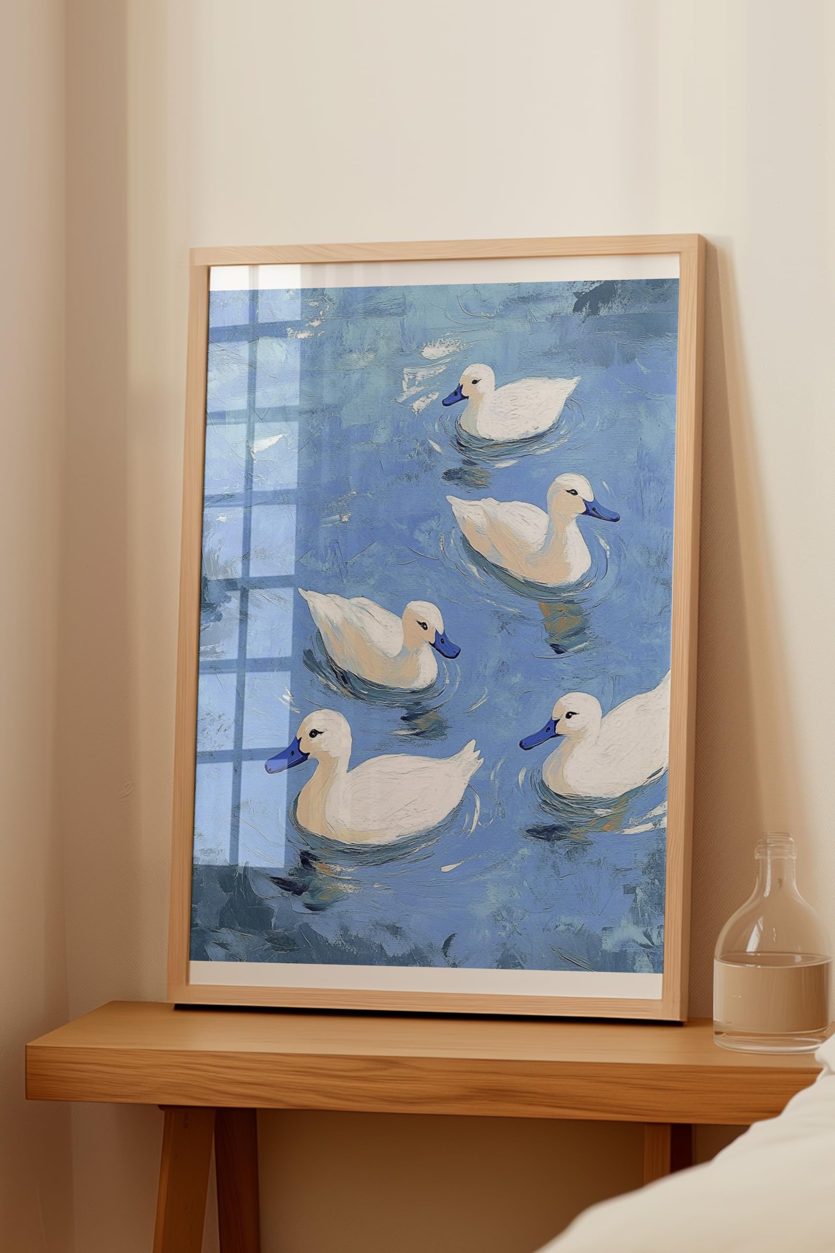 Zestia Ahşap Çerçeveli Tablo, Beyaz Ördekler, Mavi Sular, Pastoral Stil Poster No: 107339 50 x 70