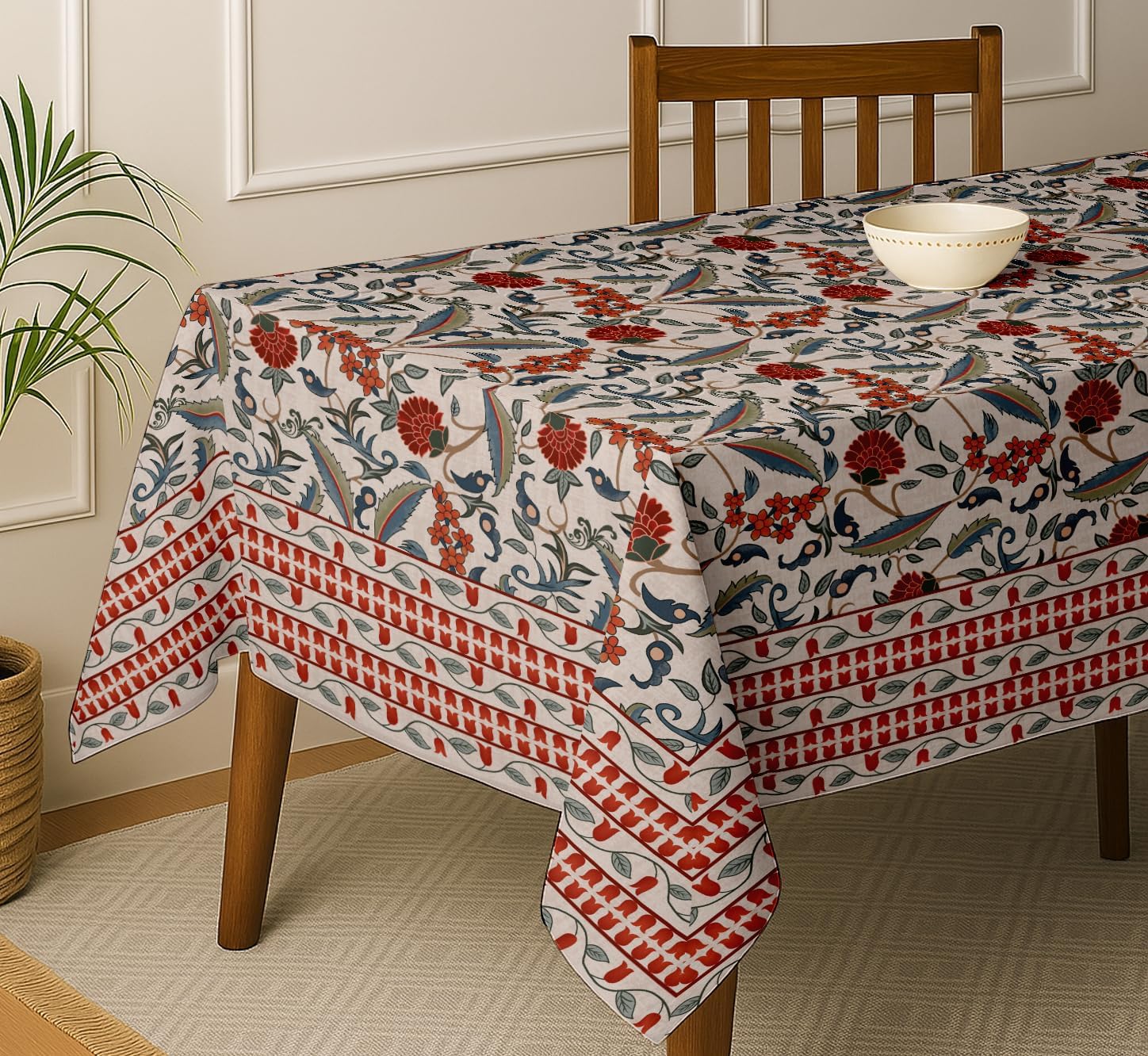 Floral Design Tablecloth- Beige 60x60 Inch Cotton Twill Dining Table Cover, Perfect for 4 Seater Tables, Durable, Protective & Washable, Ideal for Everyday Use, Festive Occasions & Gathering