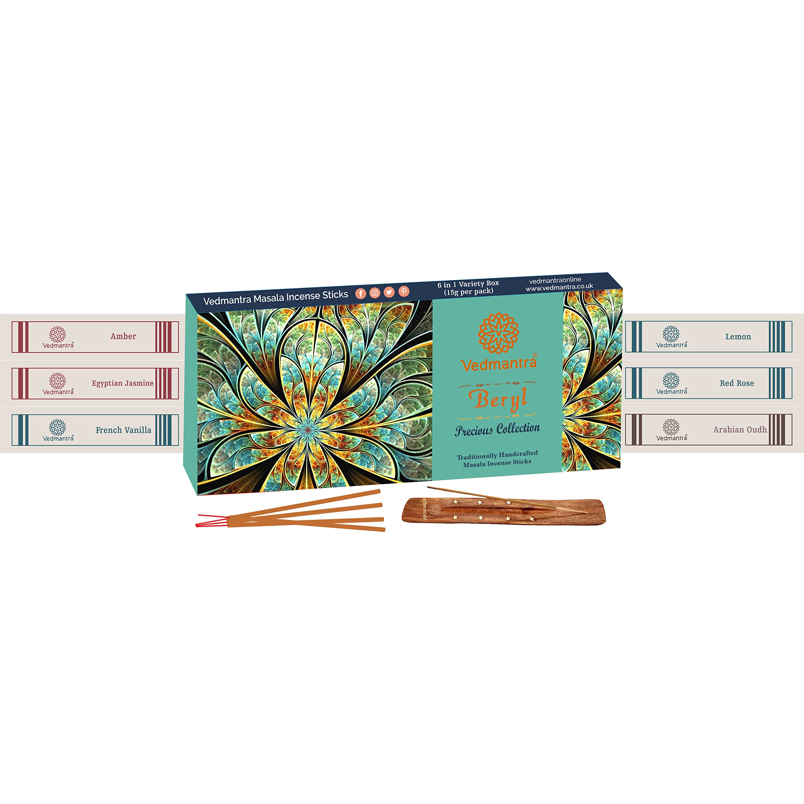 VedmantraIncense Sticks Premium Assortment + Vedmantra Incense Stick Holder - Various Combinations to Choose from (Beryl)
