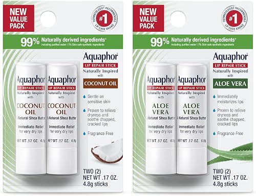 Aquaphor Naturally Inspired Lip Repair Stick Four (4) Pack with Shea Butter, Lip Balm Set, Coconut Oil, Two (2) 0.17 Oz + Two (2) Aloe Vera, 0.17 Oz