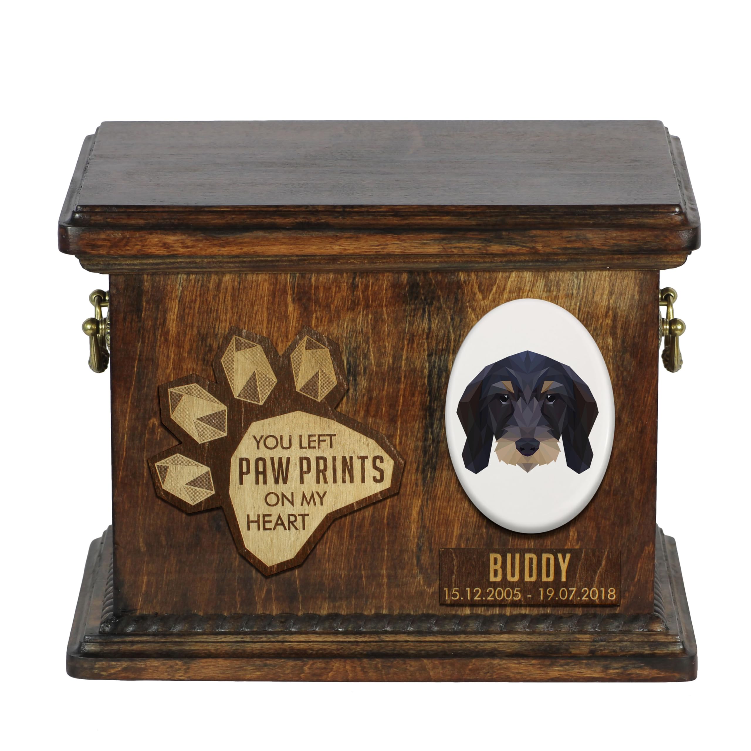 Art-Dog Custom Geometric Dog Memorial Urn - Handmade Wooden Urn – Decorative Ceramic Plate - Custom-made Dog Cremation Box for Ashes - 8,3x11,4x8,7” – Dachshund Wirehaired