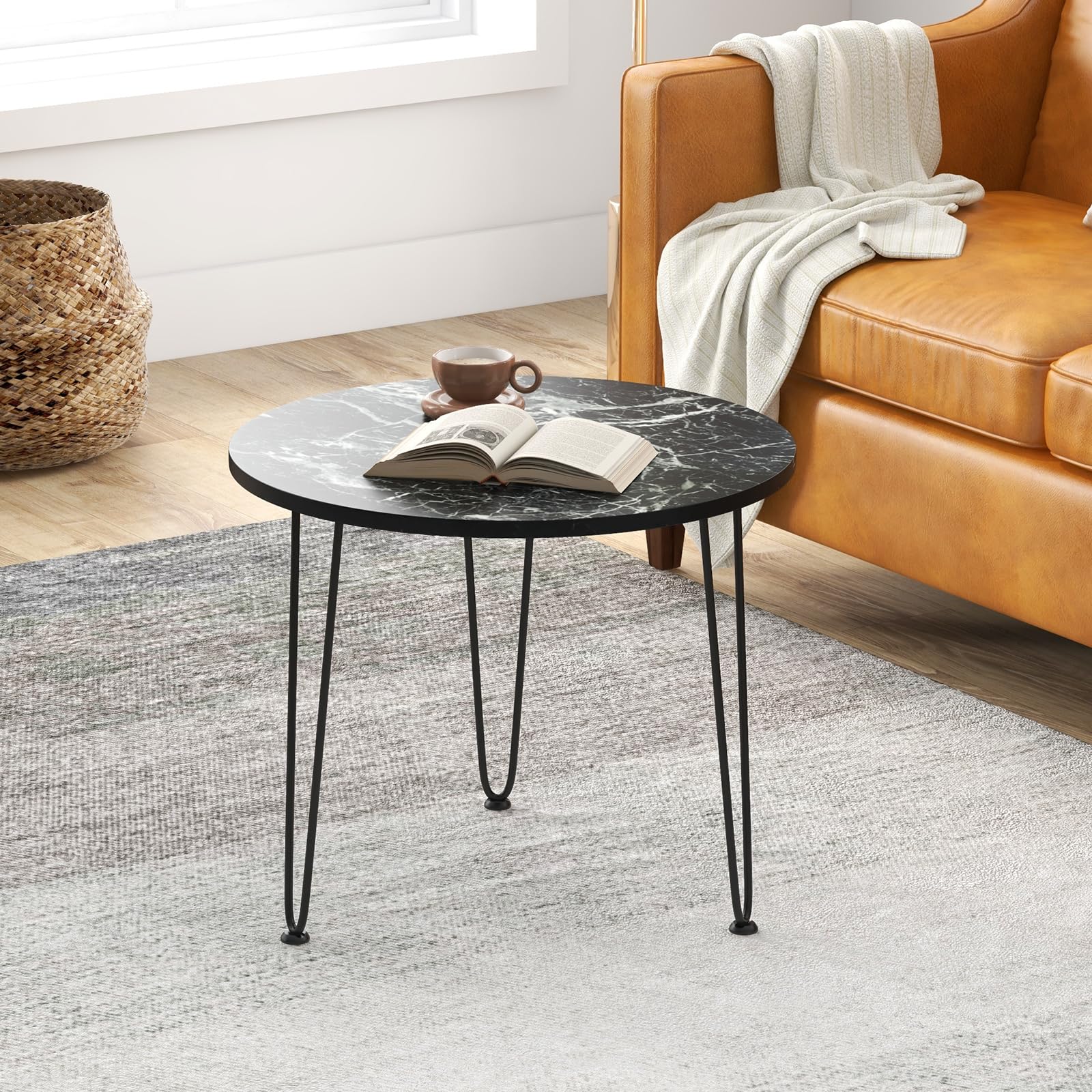 Giantex Round Coffee Table Faux Marble Center Table with Metal Legs Sofa Accent Side Table Modren Coffee Tables