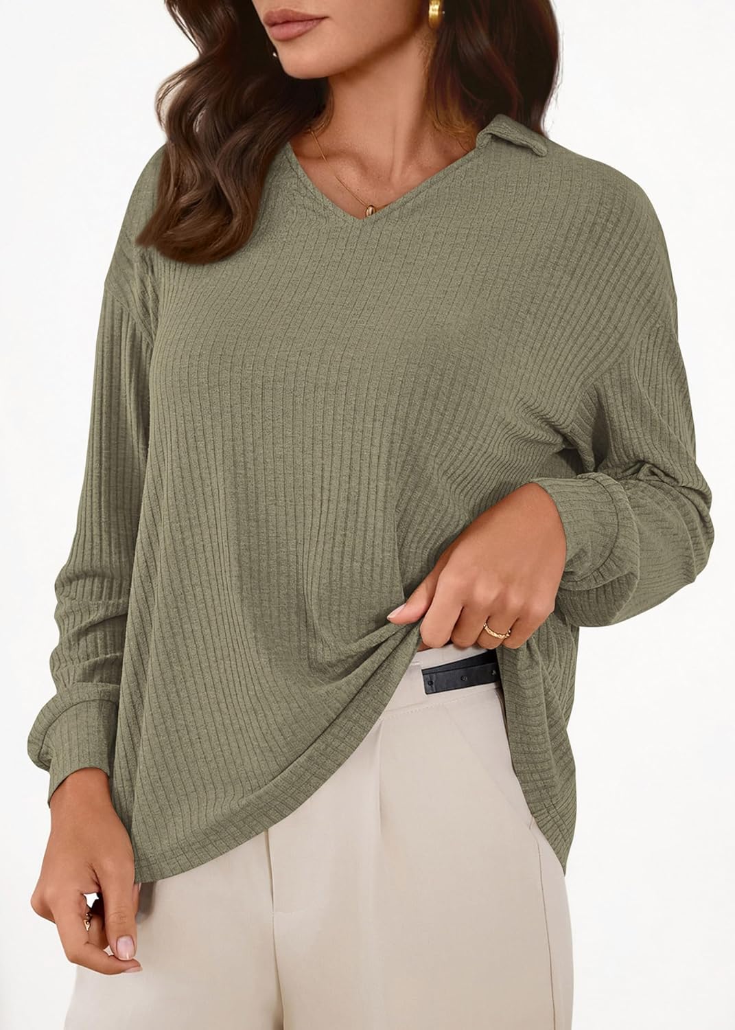 KIRUNDO Long Sleeve Shirts for Women 2025 Fall Fashion Outfits Going Out Tops Collar V Neck Blouses Ribbed Knit Loose Tunic - Image 4