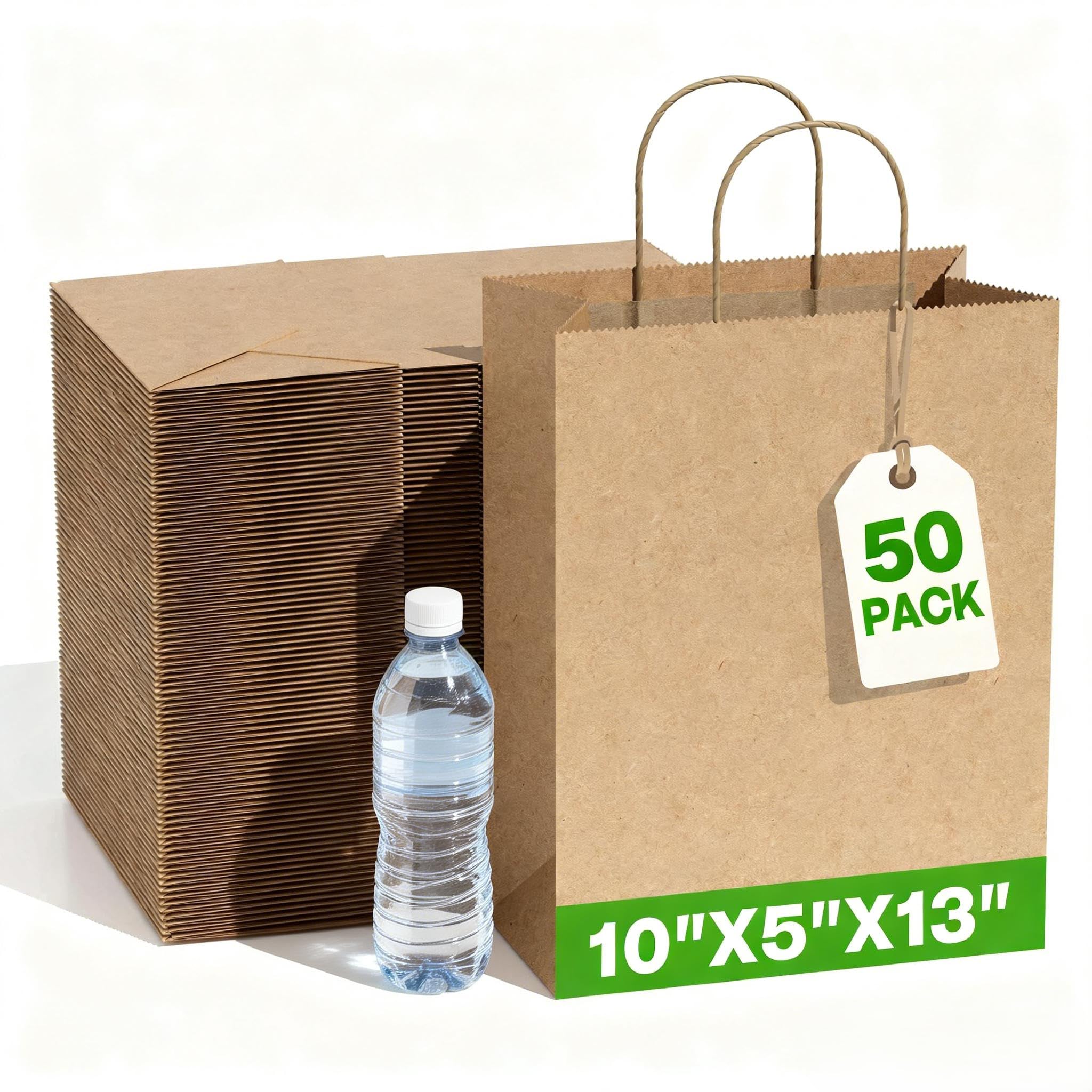 Simple Deluxe Confezione da 50 sacchetti di carta kraft con manici (25,4 x 12,4 x 33,3 cm), realizzati negli Stati Uniti da 90 g/m², 100% carta riciclata per vendita al dettaglio, negozi e confezioni