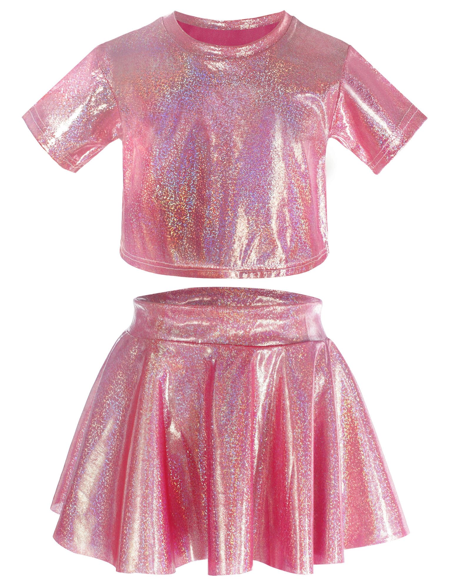 Happy Cherry 2-teiliges Crop-Top für Kinder, Mädchen, glänzend, metallisch, kurzärmelig, mit Faltenrock, Tanzkleidung, Performance-Kostüme