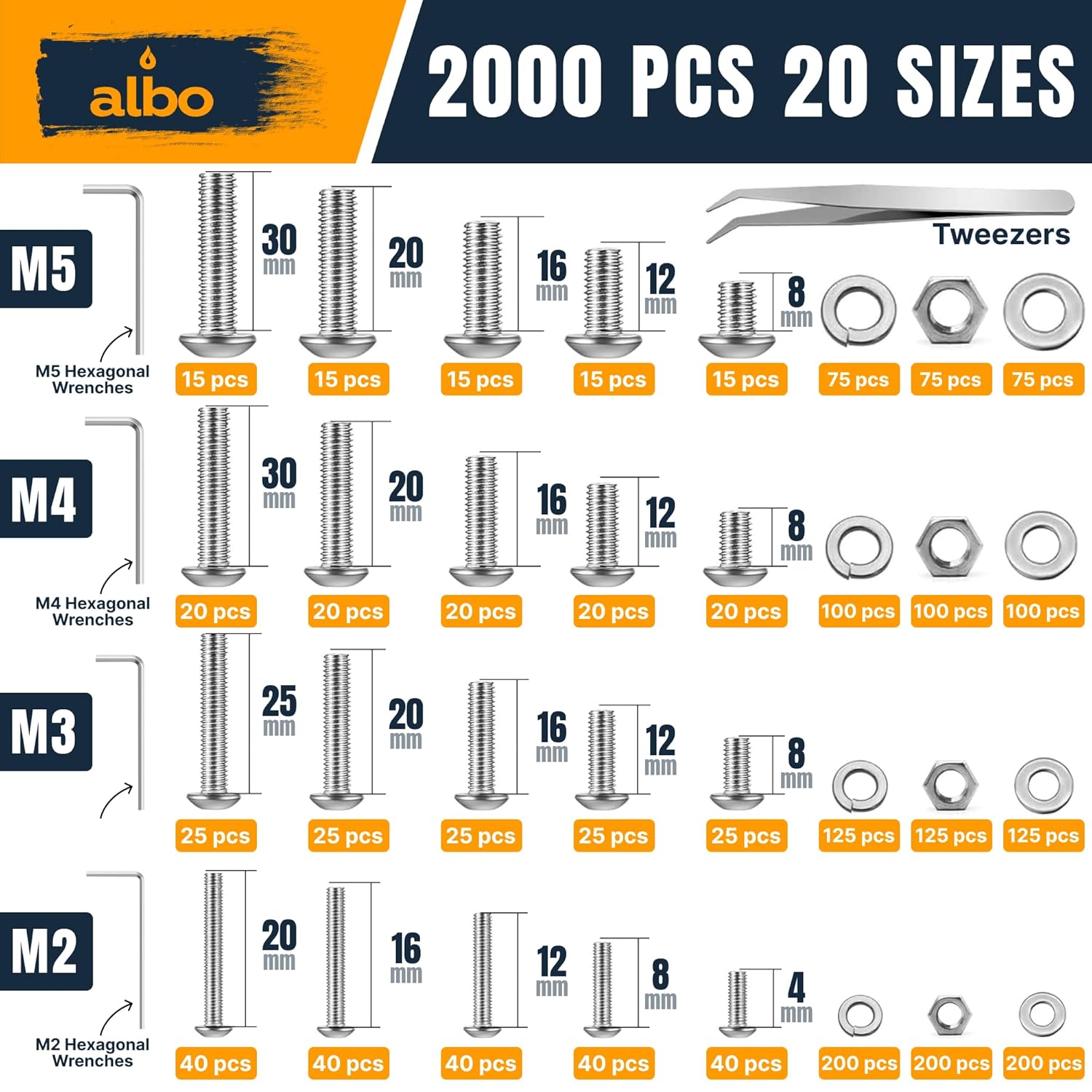 ALBO 304 Stainless Steel Metric Screw Assortment M2 M3 M4 M5, 2000PCS Hex Socket Cap Screws with Nuts, Flat & Spring Washers, 4 Allen Keys, Tweezers, Organized Storage Box for Home, Workshop & DIY