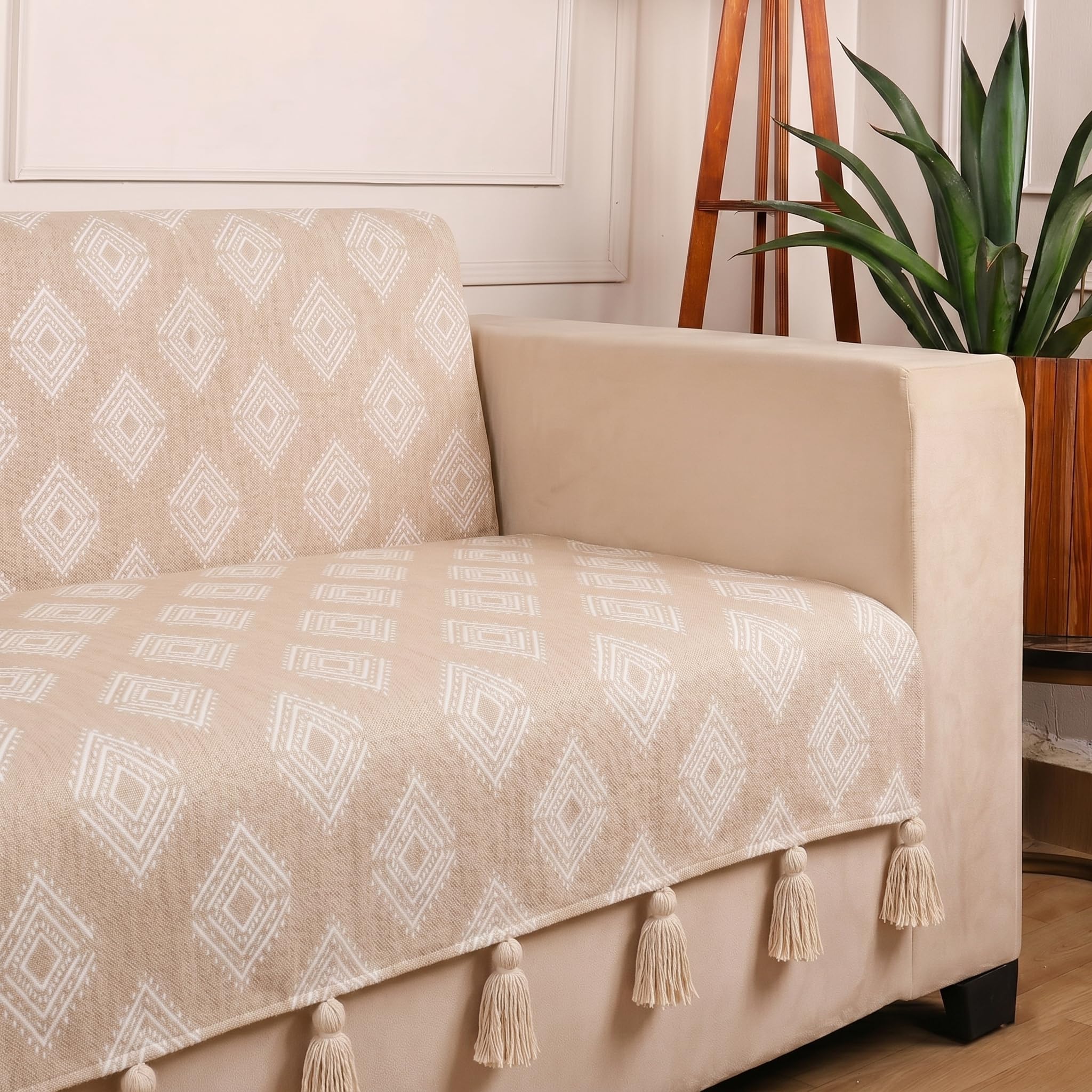 STITCHNEST 'Verdant Rekhika Stories' 1 Seater Sofa Cover | Full Coverage with Armrest Pockets | Elegant Jacquard Fabric, Decorative Tassels, Washable & Durable for Modern Living