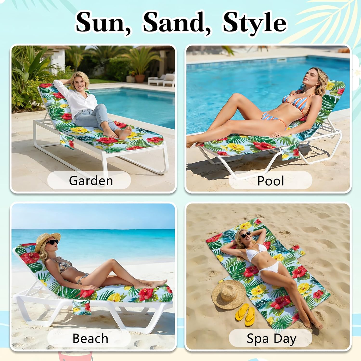 Lounge Chair Towel Cover (Pack of 2), Non-slip Beach Chair Towel Cover with Pockets, Microfiber Pool Chaise Lounge Chair Towels Covers for Outdoor Sunbathing Trips, 85 X 30 In, Flower and Leave