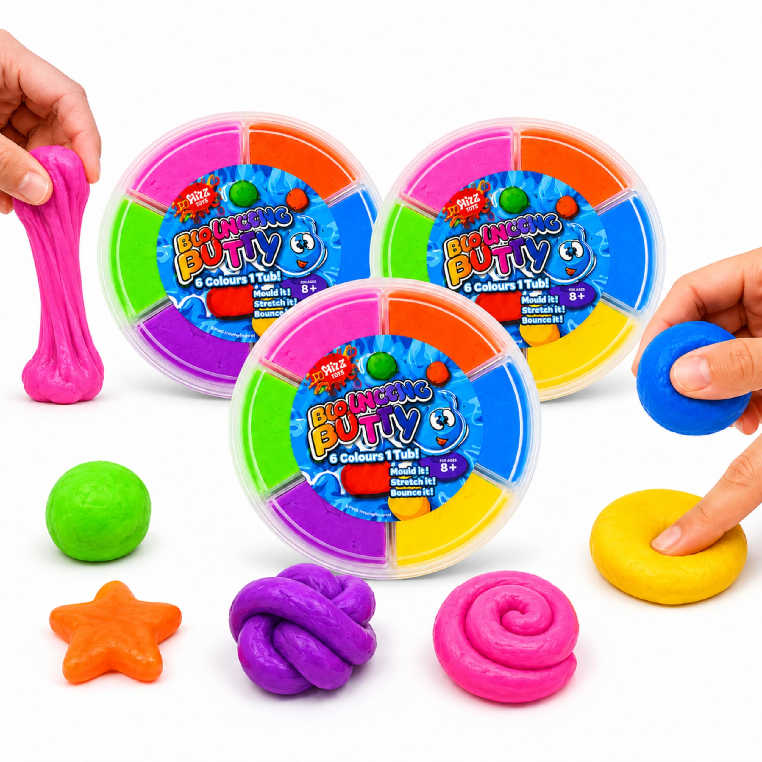 3x Toys 6-Section Bouncing Putty 90g Tubs, 6 Bright Colour Each Portions, Stretchable Mouldable Bouncy Sensory Modelling Putty Sets in Reusable Storage Tubs for Kids Aged 8+