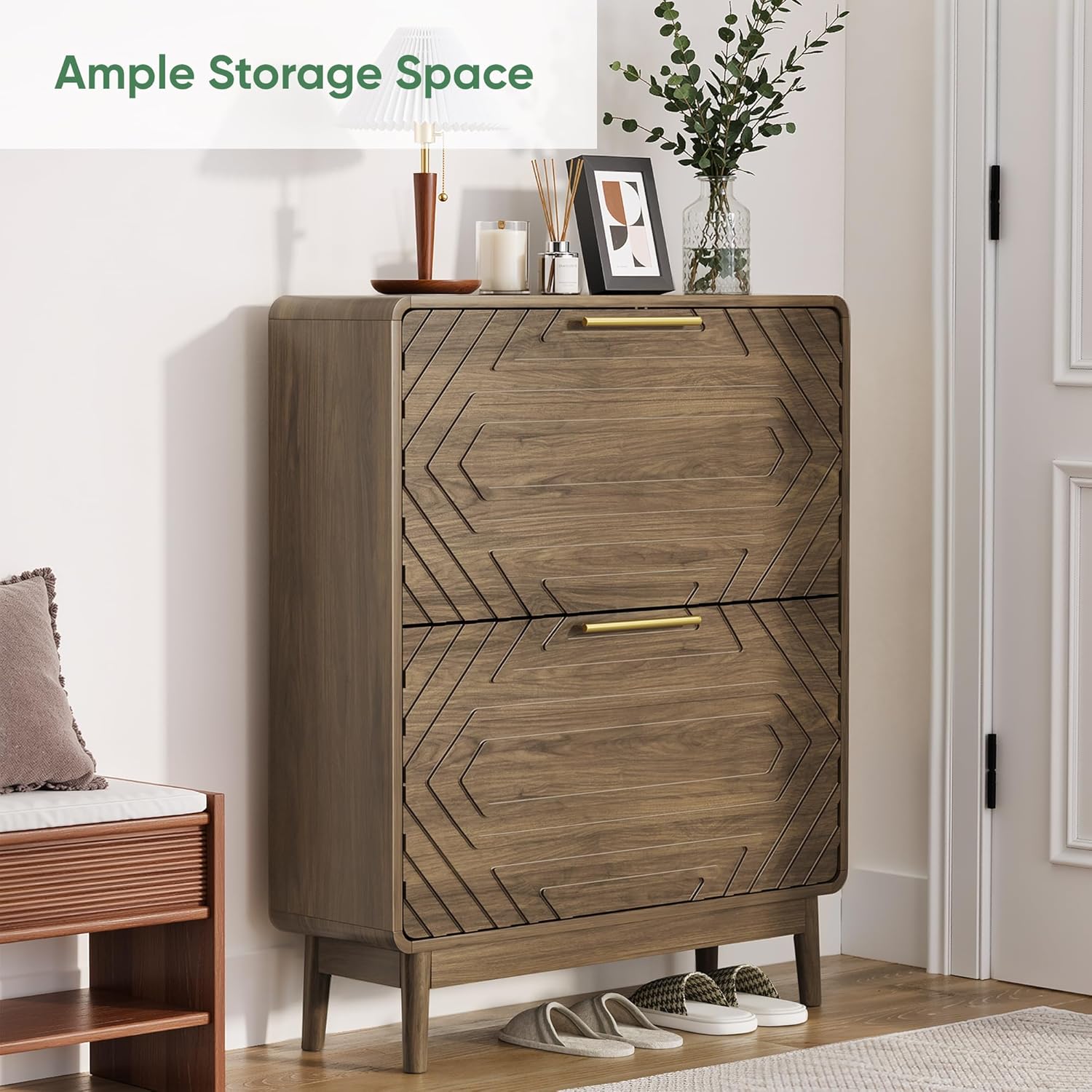 Shoe Storage Cabinet with Hand-Carved Raised Embossed 2 Flip Drawers,Slim Shoe Rack Cabinet, Narrow Shoe Cabinet Storage for Entryway Entrance, Freestanding Shoe Organizer Cabinet (Walnut)