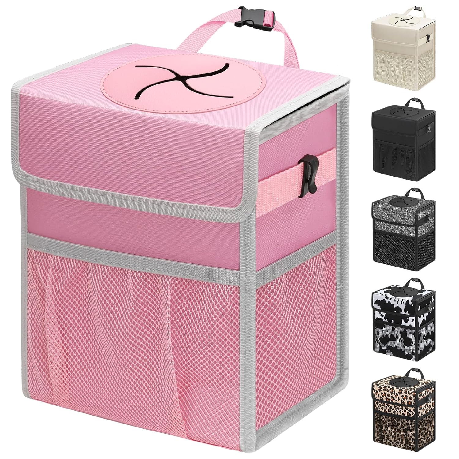 Capolo Car Trash Can with Lid, Leakproof Car Trash Bag Hanging Waterproof Automotive Garbage Can with Storage Pockets Mini Vehicle Trash Bin for Back/Front Seat(Pink,2.5 Gallon)