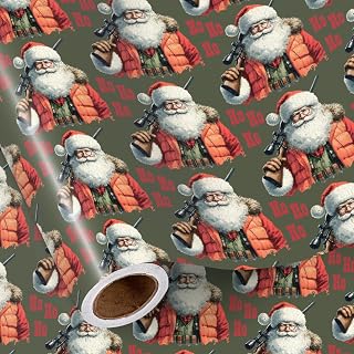 RUSPEPA Funny Christmas Santa Wrapping Paper Roll, Mini Roll, Ho Ho Ho Santa with Orange Jacket and Plaid Shirt, Funny Holiday Gift Wrap for Men, Christmas Party, 17 Inches x 16.4 Feet