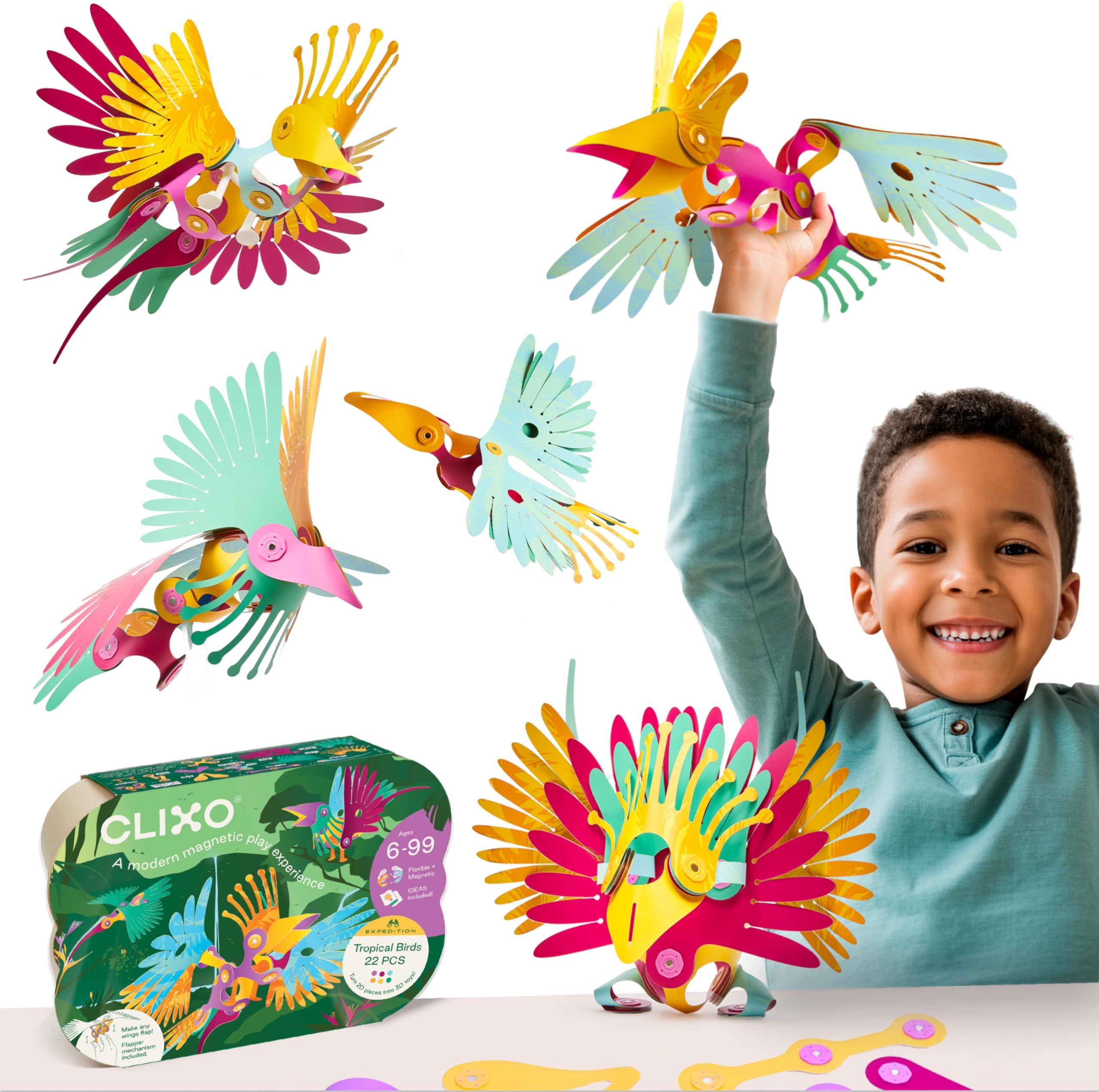 Clixo Tropical Birds Pack - Magnetic STEAM Building Toy Set with Custom Wing-Flapping Mechanism for Creative Play, Ages 6+
