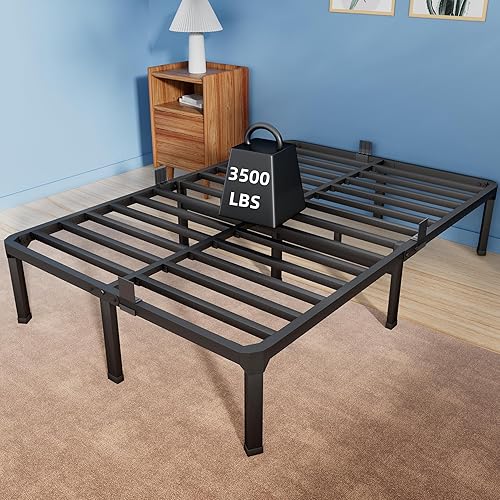 Miniatura 1 de ROIL Base de cama tamaño California King de 14 pulgadas con tapón deslizante para colchón, plataforma de metal con listones de acero doble negro