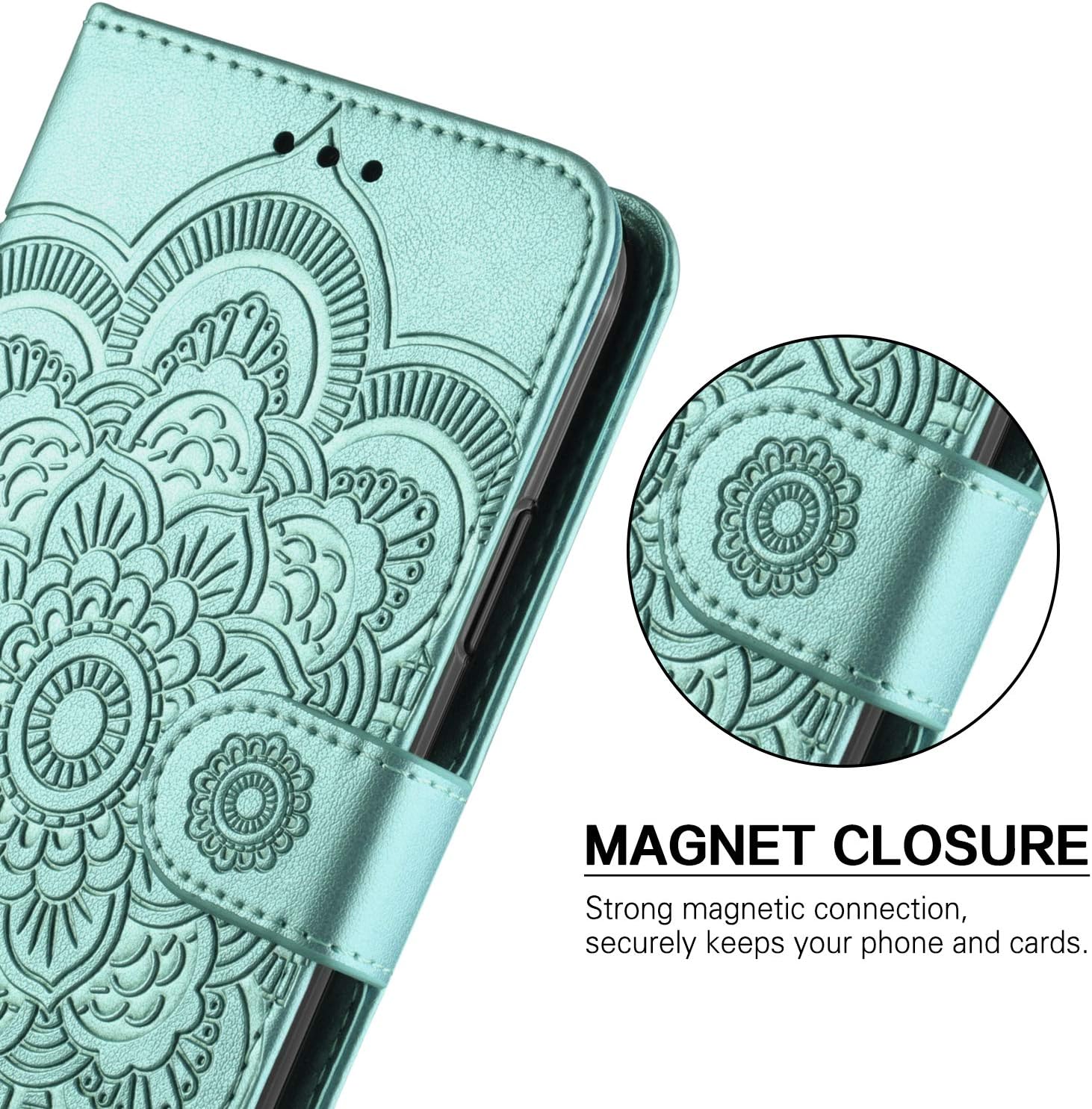 HianDier Wallet Case for iPhone 11 Card Holder Case Kickstand Flip Cover Embossed Mandala Flower Lanyard Protective Soft PU Leather Cover Case for 2019 Release iPhone 11 iPhone XI, Green