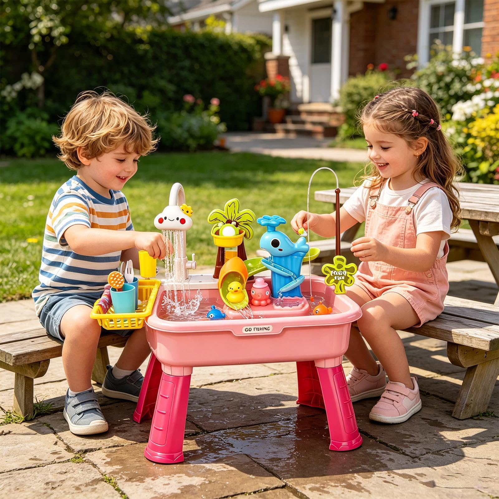 Sand- Und Wasserspieltisch, 54 X 29 X 53 cm, Outdoor-Aktivitäts-Wassertisch, Drehbarer Wasserhahn, Kinder-Wasserspieltische Mit Pumpe Und Fließendem Wasse Für Mädchen Ab 3 Jahren