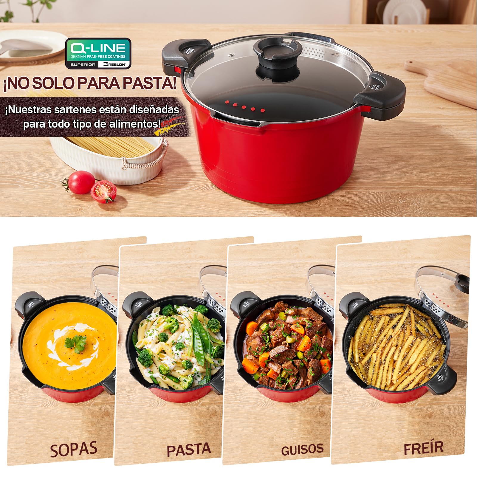ROSSETTO Olla para pasta Tradicional 24 cm, Cesta, Tapa de Vidrio, Rojo | Cocción versátil con gran capacidad y cuerpo de aluminio fundido. Compatible con todo tipo de cocinas, incluida la inducción