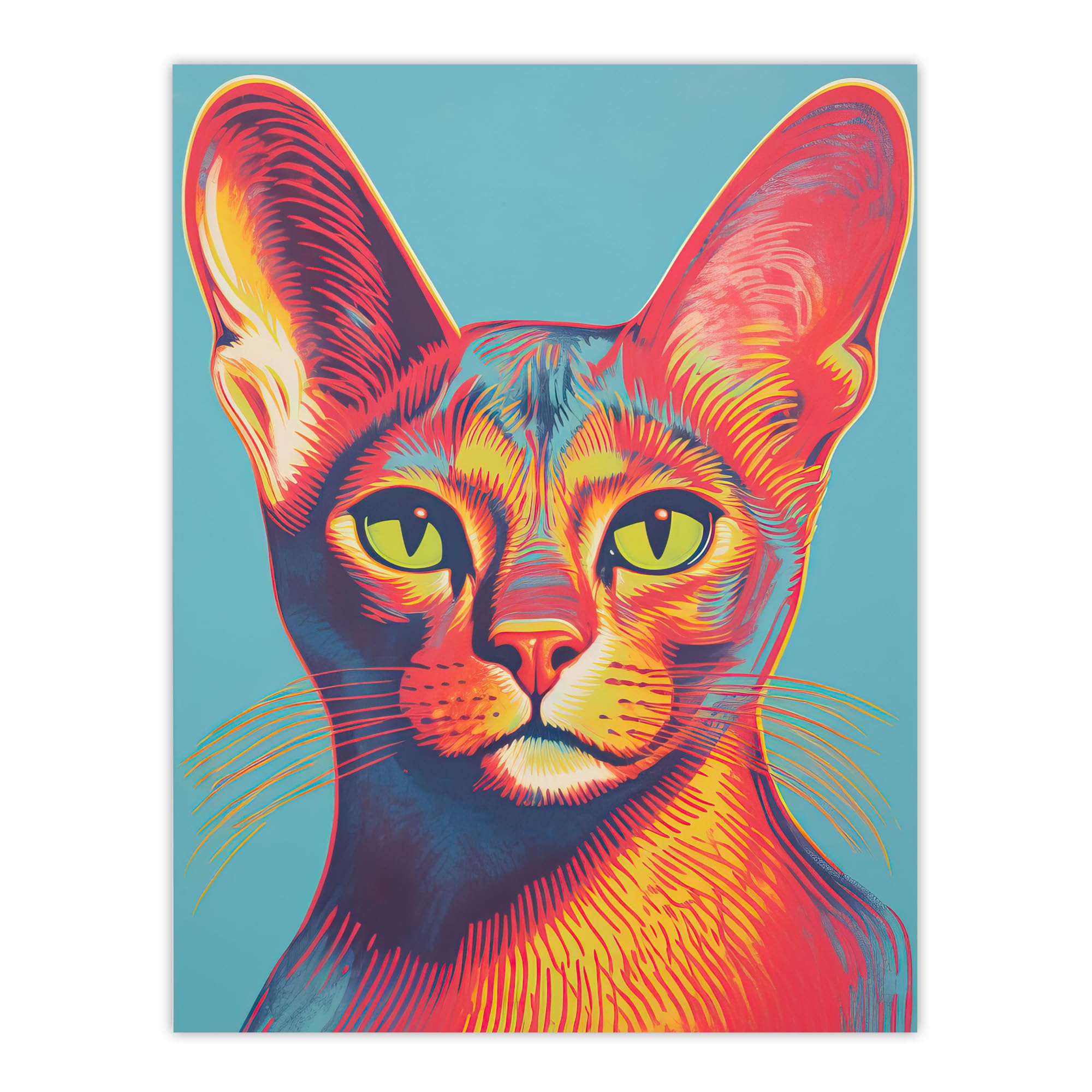 Artery8 Abyssinian Cat Lino Reduction Red On Blue Bold Vibrant Screen Print Risograph Artwork Spot Block Colour Duotone Retro Riso Interior Design Extra Large XL Wall Art Poster Print
