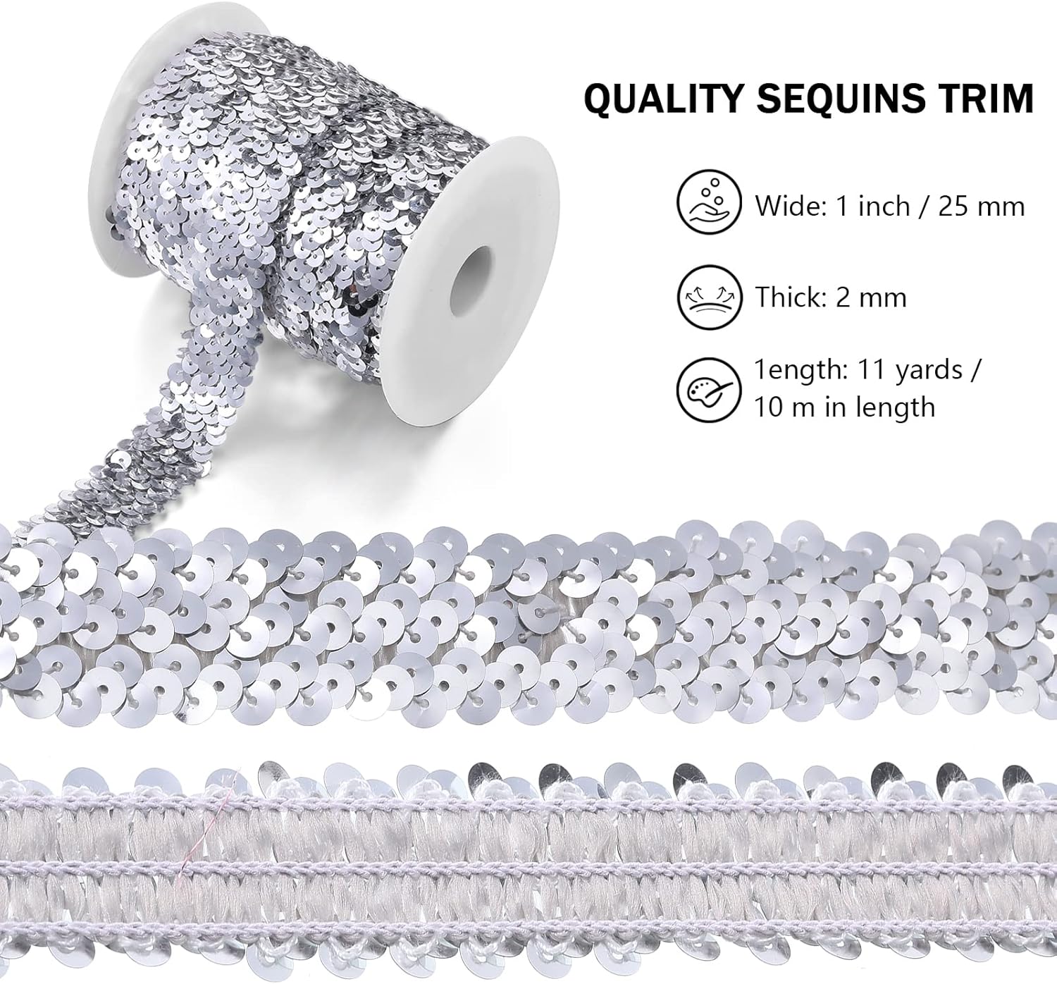11 Yard 1 Inch Elastic Sequins Trim 3 Row Flat Glitter Sequin Trim Bling Fabric Paillette Ribbon Trim Metallic Stretch Sequin Trim Crafts Elastic Sequin Lace for Dress Embellish Headband (Silver) : Arts, Crafts & Sewing