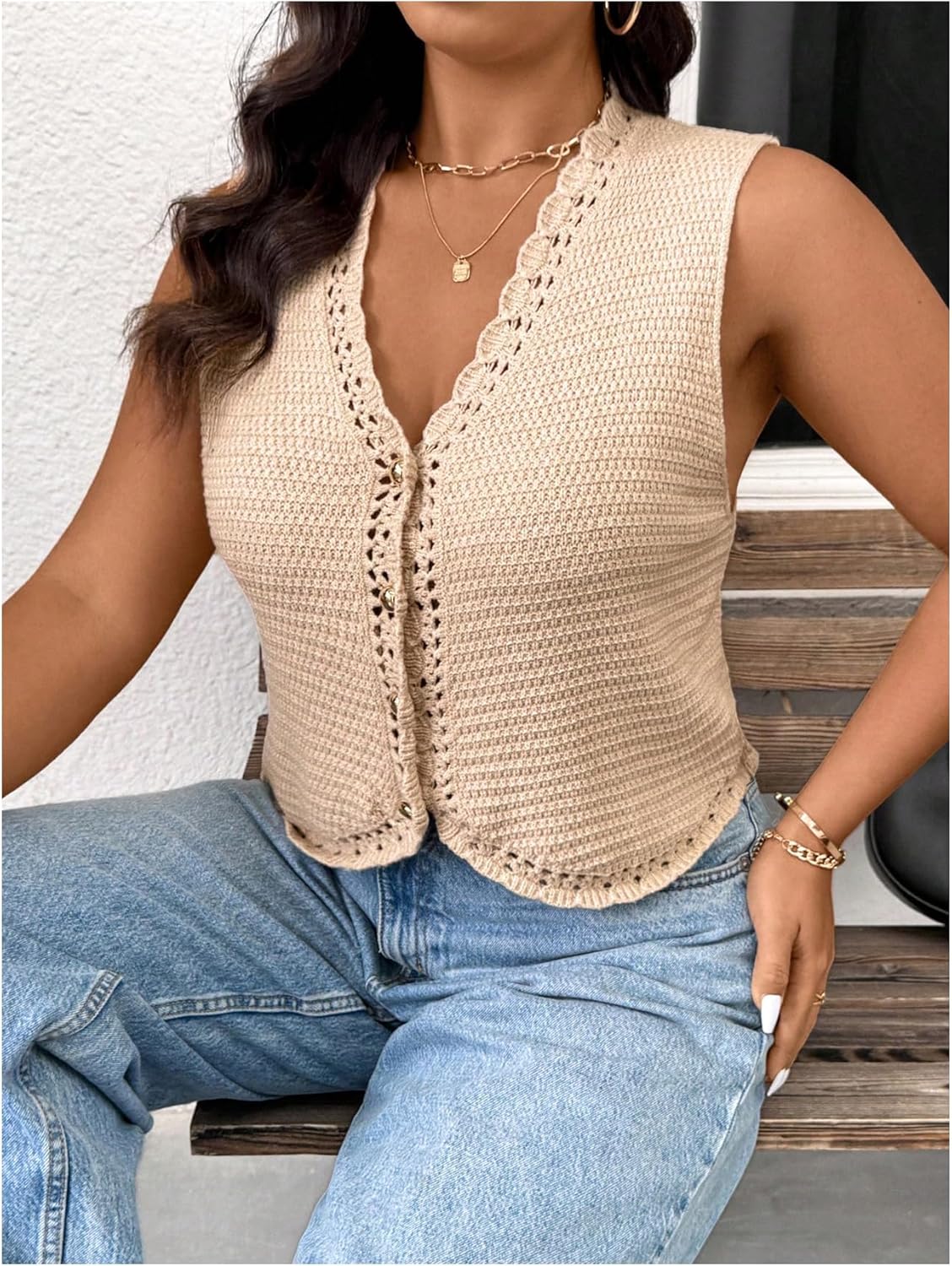 SHENHE Women's Plus Size Button Up Sweater Vest V Neck Sleeveless Crochet Knit Top Vest - Image 2