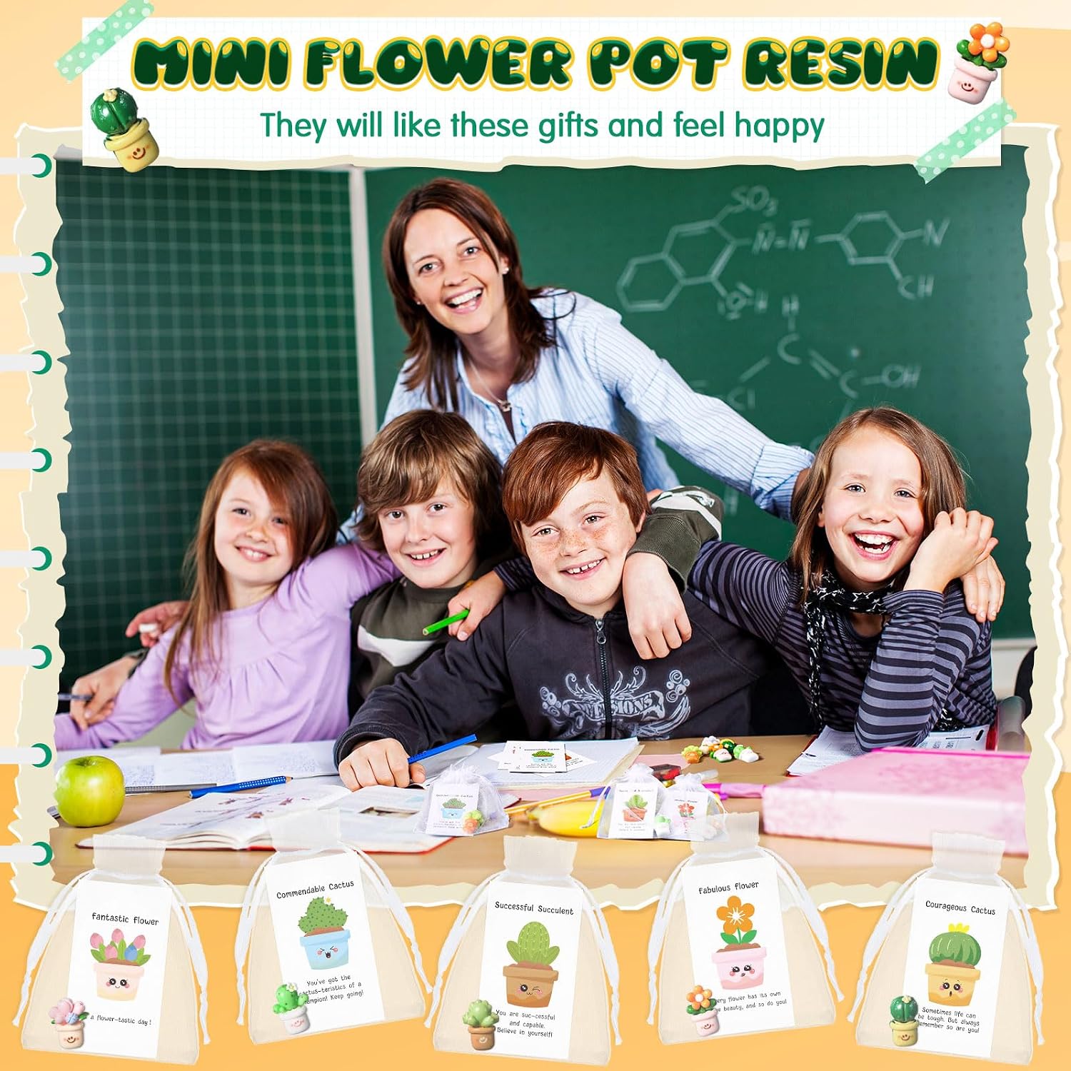 Chunful Employee Appreciation Gift Bulk for Coworker Back to School Funny Resin Flower Pot with Positive Cute Pun Notecards Organza Bag for Staff Team Teacher Thank You Office Gift(25 Set) image 3
