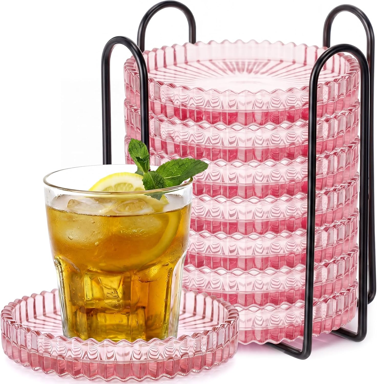 Remerry 8 Pcs Glass Coasters with Holder Clear Drink Coasters Crystal Round Beverage Cup Mats Candle Holder Tray for Coffee Table Home Kitchen Table Protection Serving Accessories (Amber)