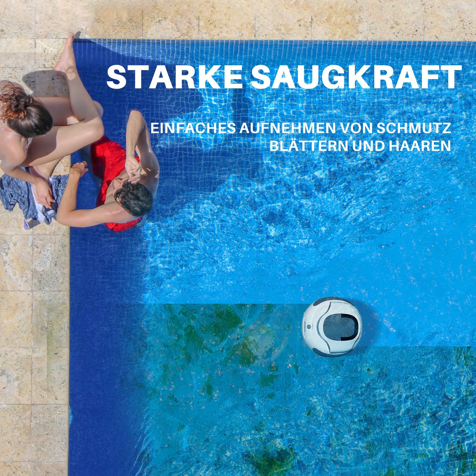 POOLPURE 2026 Poolroboter Akku: Kabelloser Poolsauger mit 100 Min. Laufzeit, Automatischer Poolreiniger für Flache Aufstellbecken bis 90m², IPX8, Dual-Motor & Abnehmbare Lenkrollen