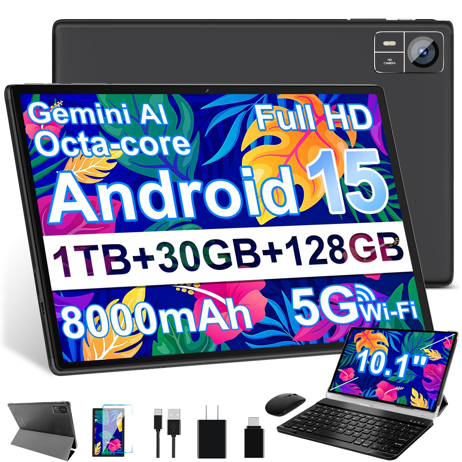 Android 15 Tablet 30GB RAM 128GB ROM 1TB Expand, 10.1 Inch Tablets with Keyboard Mouse, Octa-Core, 8000mAh, HD IPS Display, 5G WiFi BT 5.0 GPS, Widevine L1, Gemini AI, Dual Camera - Black