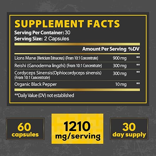 Miniatura 2 de Cápsulas de suplemento de melena de león 4 en 1 con Reishi, Cordyceps Sinensis y pimienta negra  60 cápsulas veganas  Complejo de suplemento de