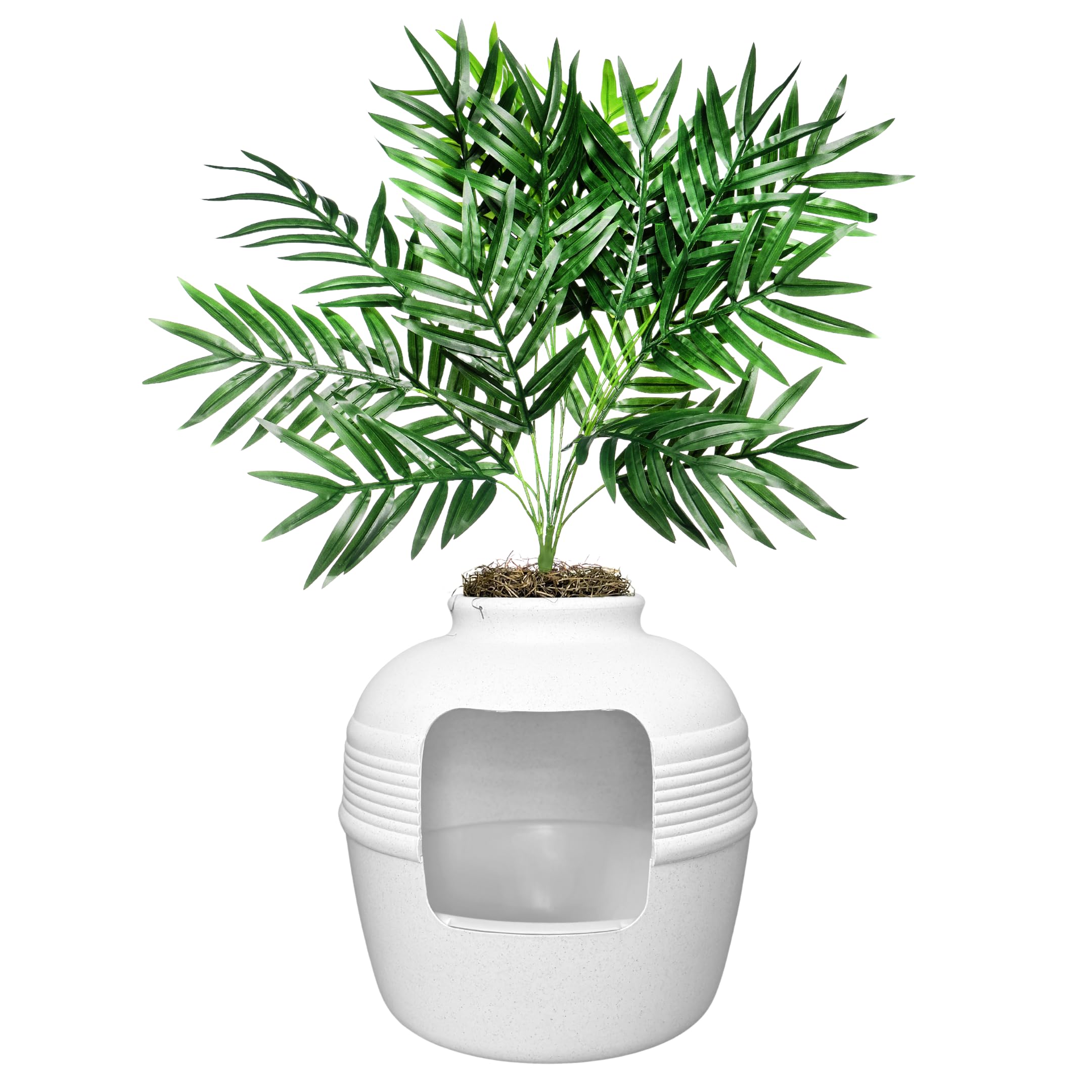 Hidden Litter Box Planter, Decorative Cat Litter Enclosure with Carbon Filter, Artificial Plant, Easy Clean, Indoor Design, Original Round Style, Essentials Kit, White Birch