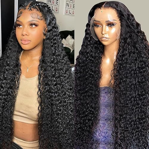 13x6 Deep Wave Lace Front Wigs Human Hair Pre Plucked Deep Curly HD Transparent Lace Frontal Wigs Human Hair 180% Density Wigs for Women Human Hair Glueless with Baby Hair Natural Color (26 Inch)