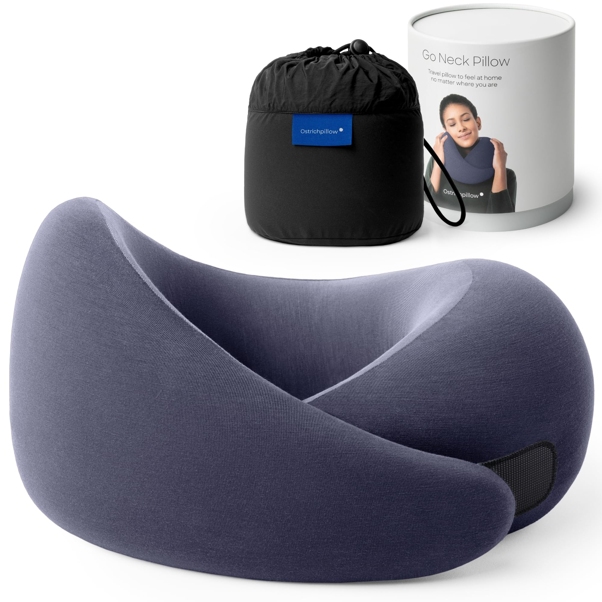 Ostrichpillow Go Neck Pillow, Travel Pillows for Airplanes, Premium Memory Foam Travel Pillow, 360º Ergonomic Design, Asymmetrical Sides, Travel Bag