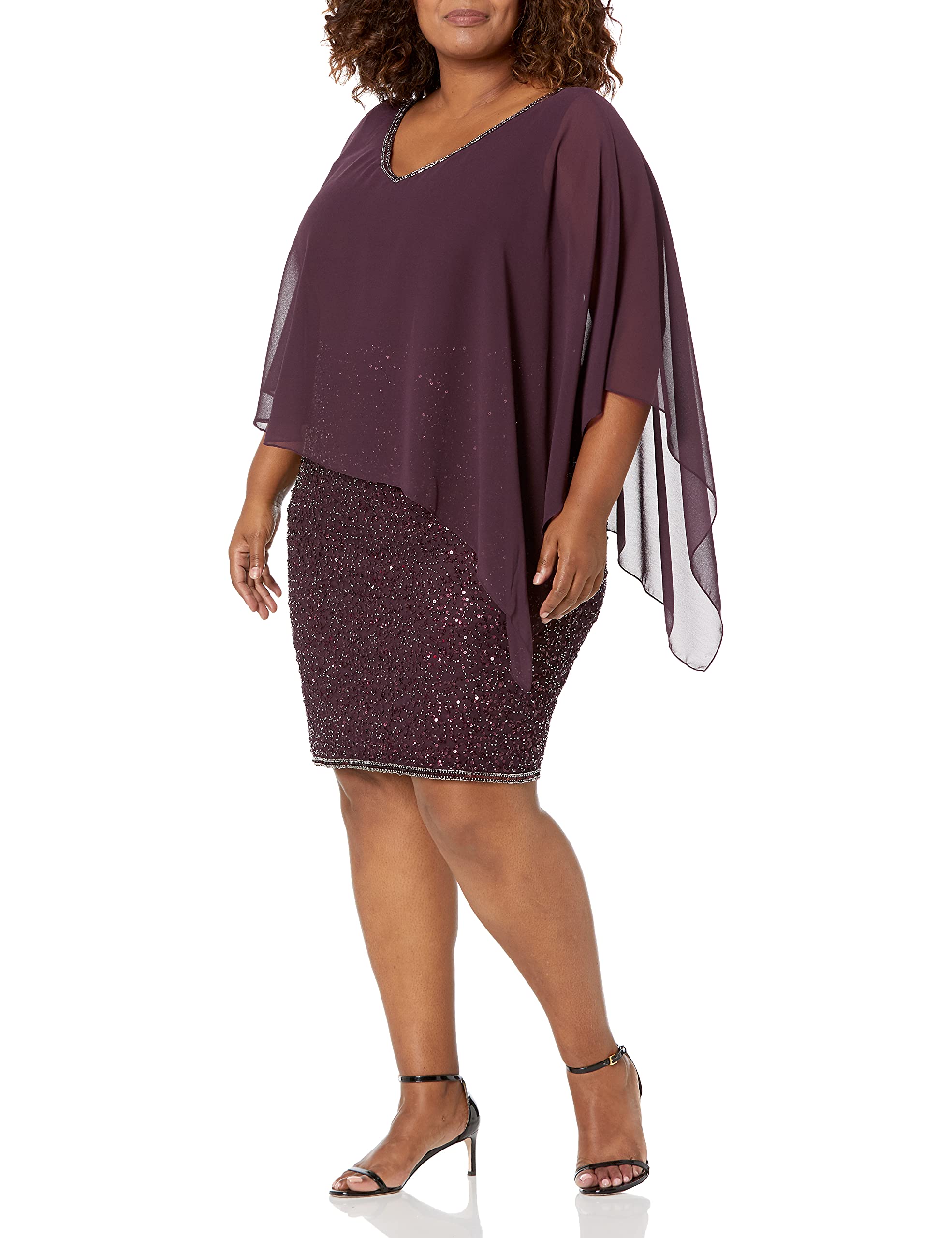 J Kara Women's Plus Size Caplet Short Cocktail Beaded Dress