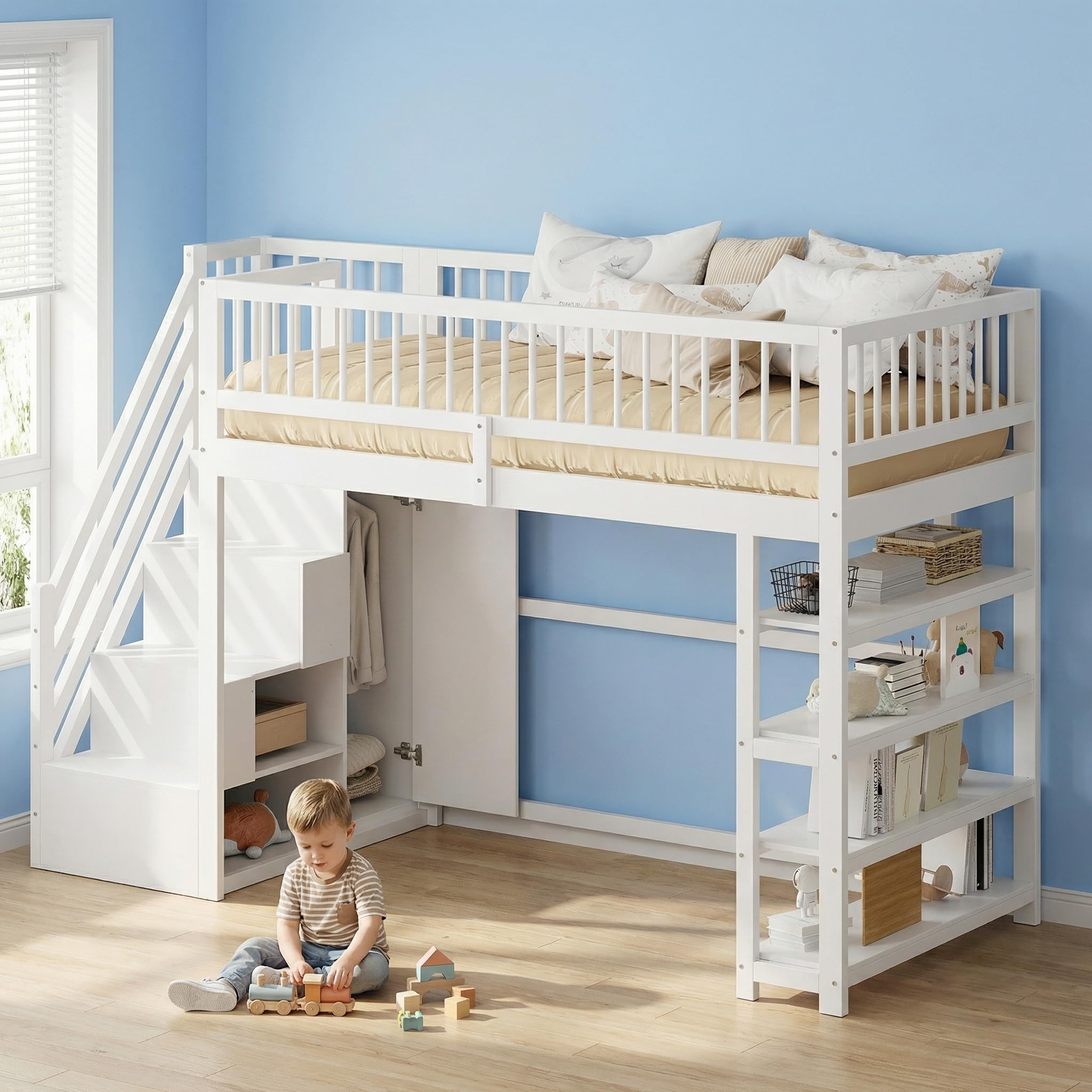 Hochbett 90x200 mit Kleiderschrank, Kinderbett Hochbett mit Treppe und Stauraum, Stockbett, Kinderhochbett, Ohne Matratze, Weiß