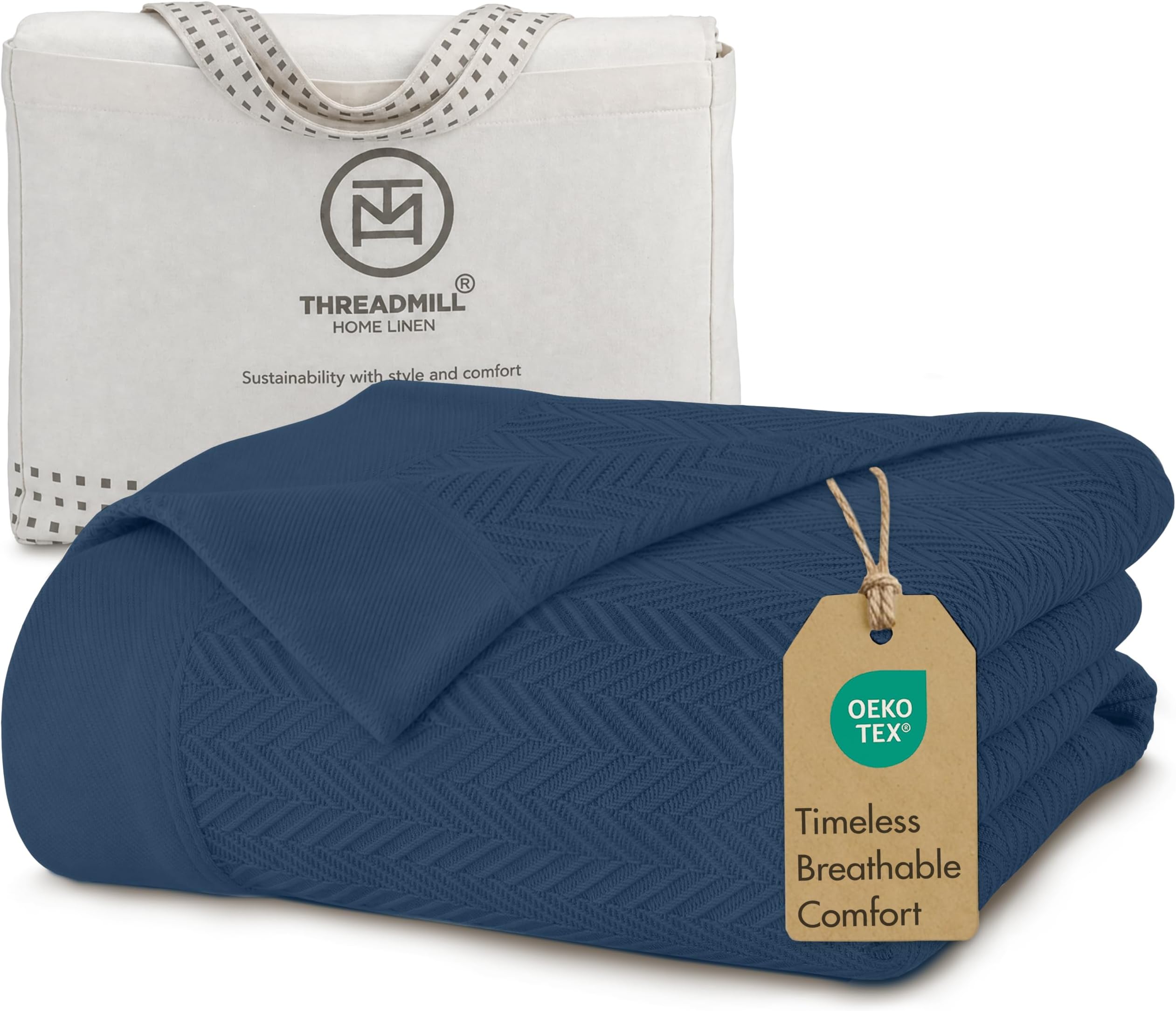 - Threadmill Luxury 100% Cotton Twin Herringbone Blanket, Folkstone Blue