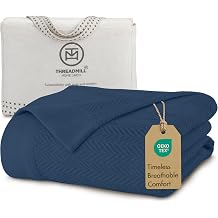Threadmill Luxury 100% Cotton Queen Herringbone Blanket, Folkstone Blue