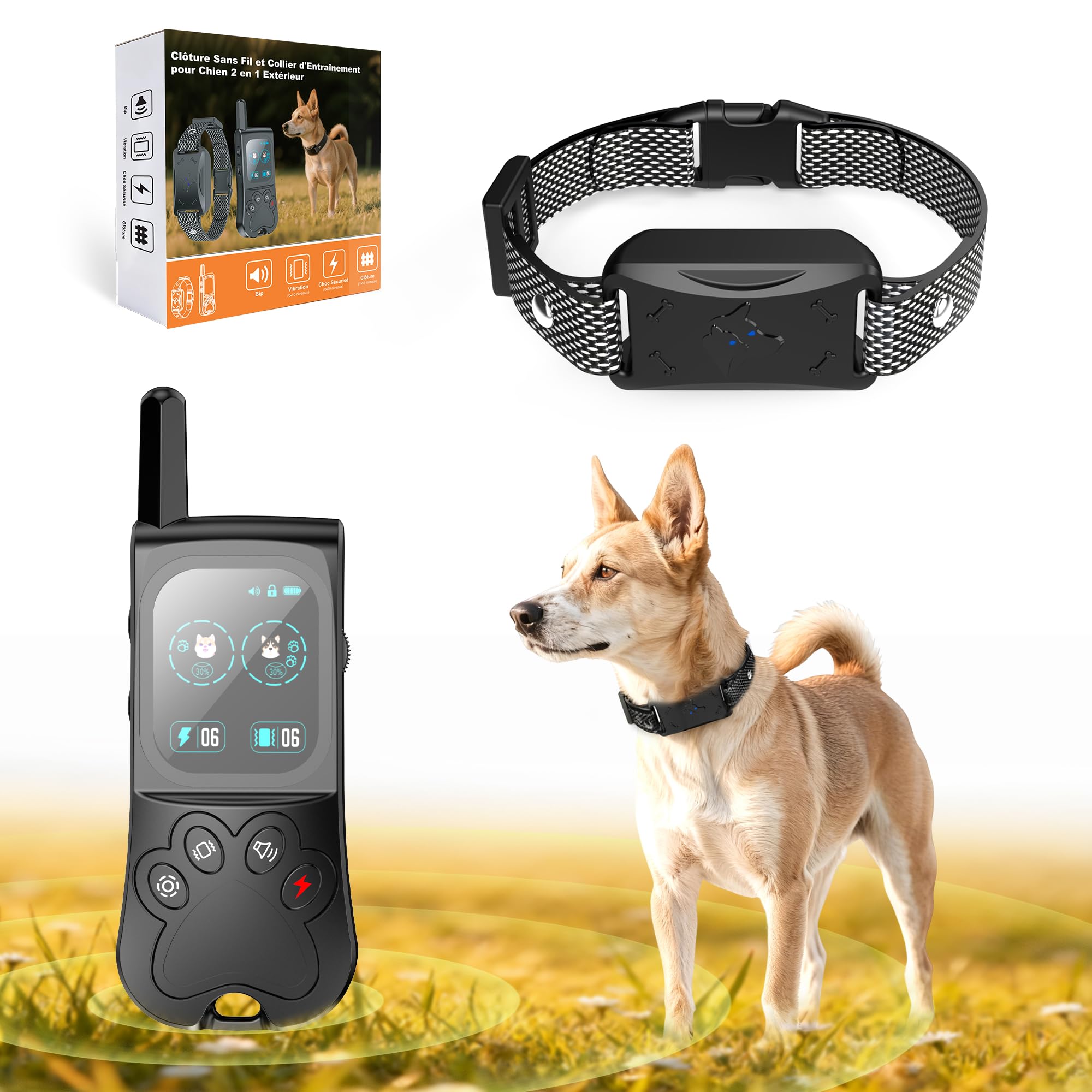 Collier de Dressage pour Chien, Collier Electrique pour IPX7 Résistant à L’Eau, 4 Modes de Dressage (Lumière, Bip, Vibration, Choc) avec Verrouillage de Sécurité, pour 1 Chien（Black）
