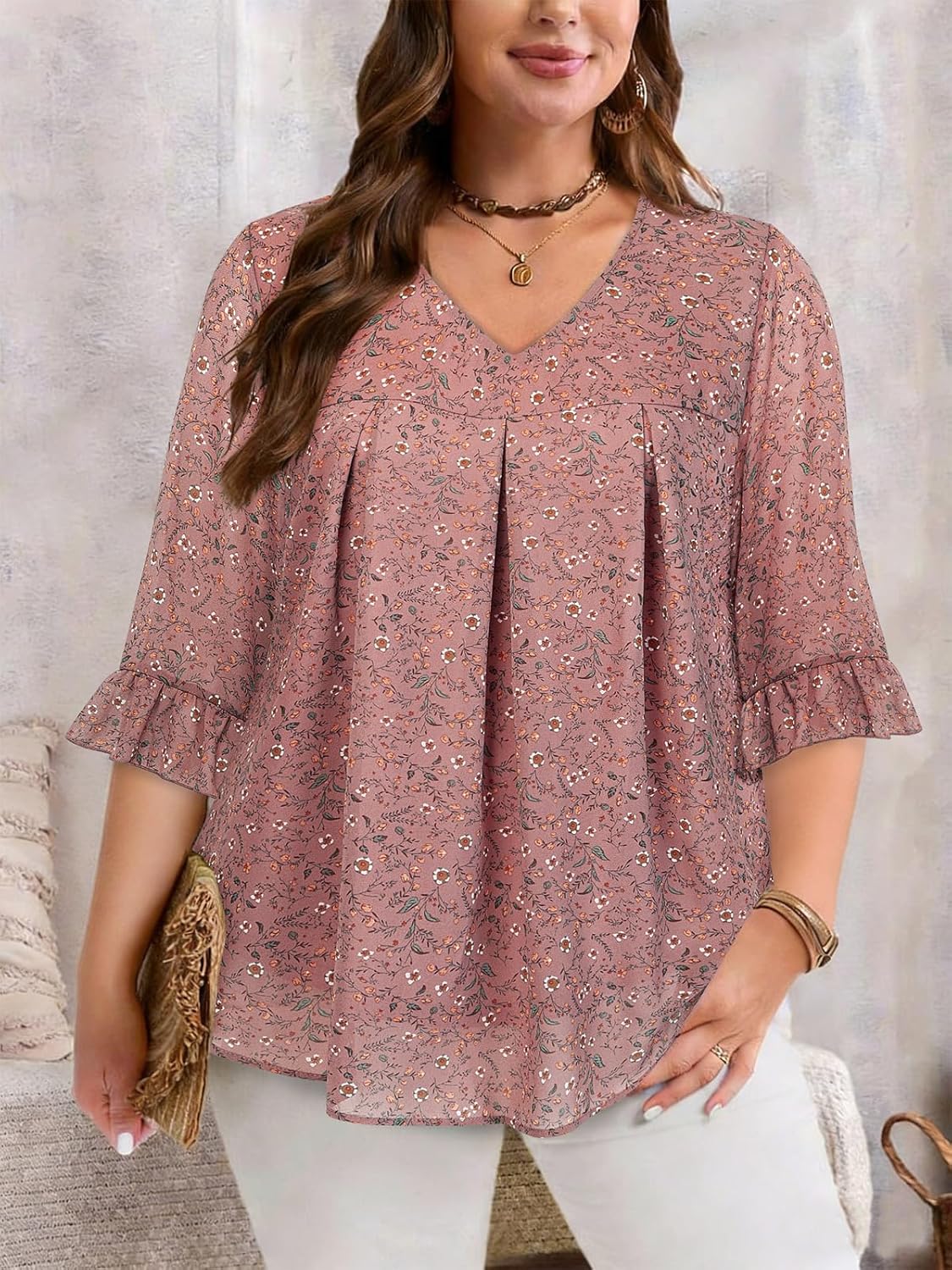 Amrto Plus Size Blouses for Women Chiffon Floral Ruffle 3/4 Sleeve Tunic Top V Neck Dressy Casual Shirts Vacation - Image 3