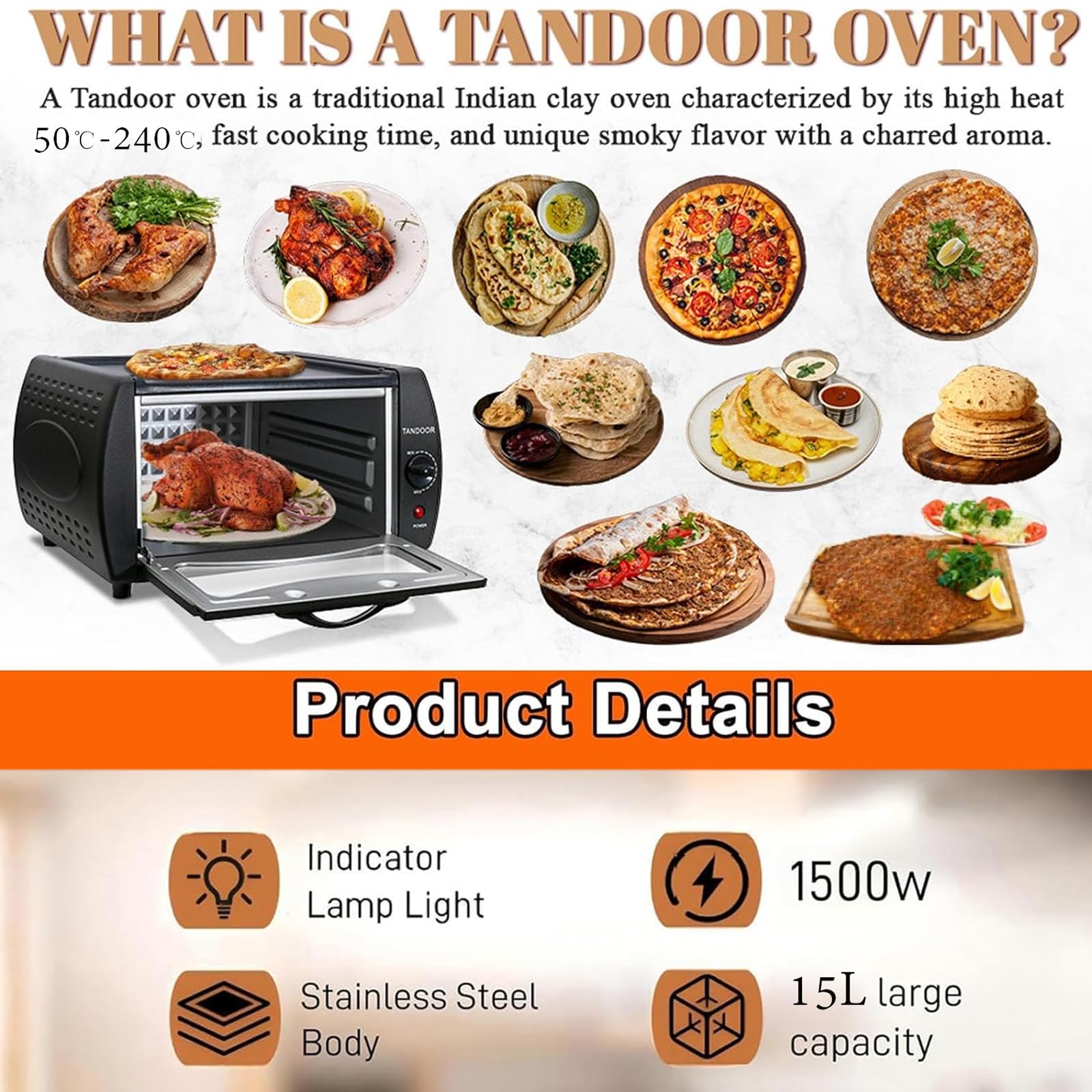 Horno Tandoor 15L Y Fabricante De Pizza – Horno De Encimera 1500W Con Control De Temperatura 50℃–240℃, Mini Horno Eléctrico Para Naan, Roti, Chapati, Lahmacun Y Manakish Square-door