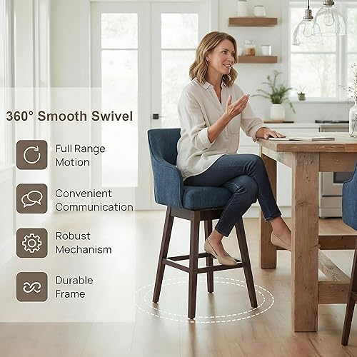 Miniatura 5 de Juego de 2 taburetes de bar giratorios de 360°, taburetes de bar de altura de mostrador de granja con respaldo y patas de madera, taburete tapizado