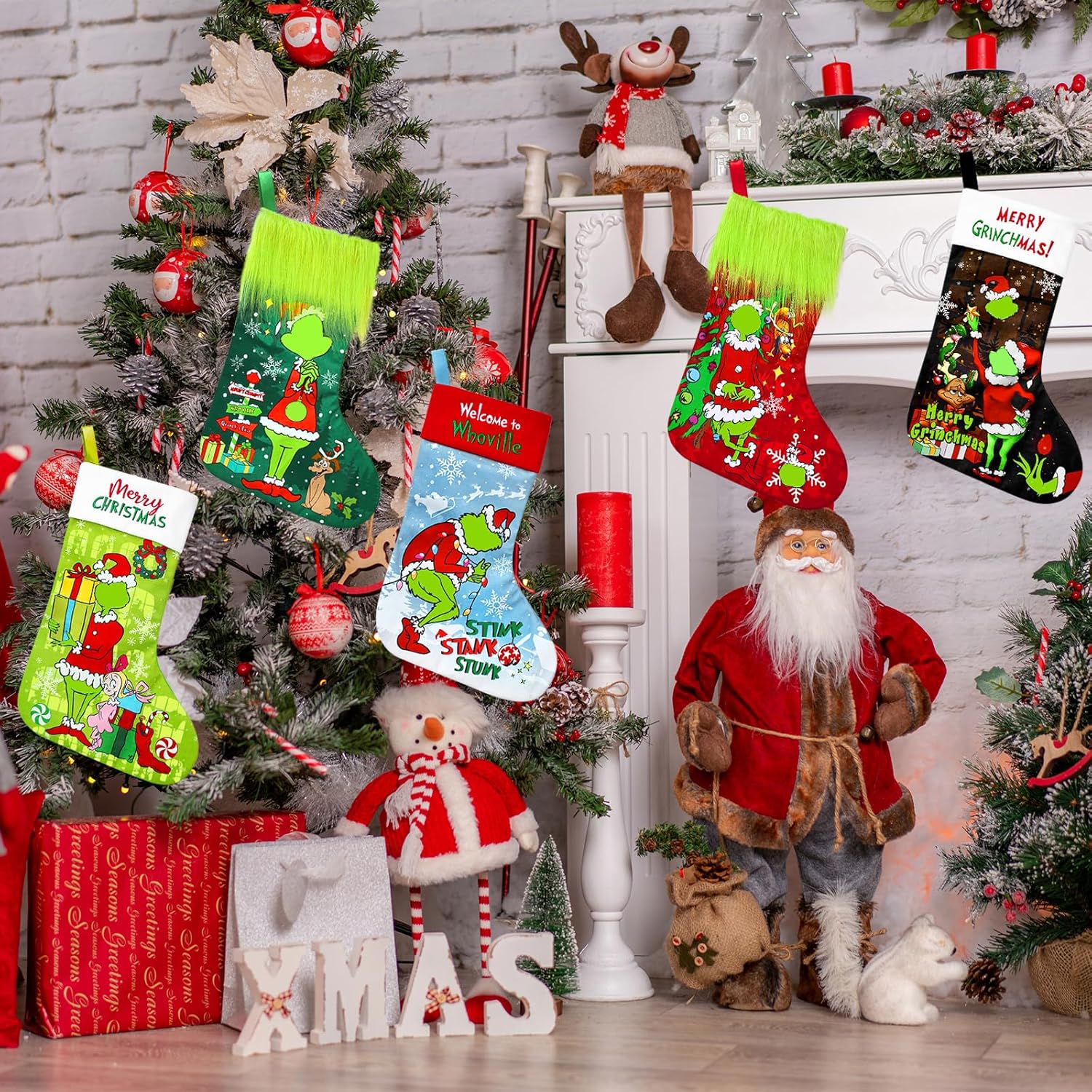 LeeSky 5 Pack Christmas Stockings, Funny Xmas Stocking Holder, 18 Inch Large Christmas Hanging Stockings Gift Bag for Kids Holiday Fireplace Xmas Tree Hanging Decor