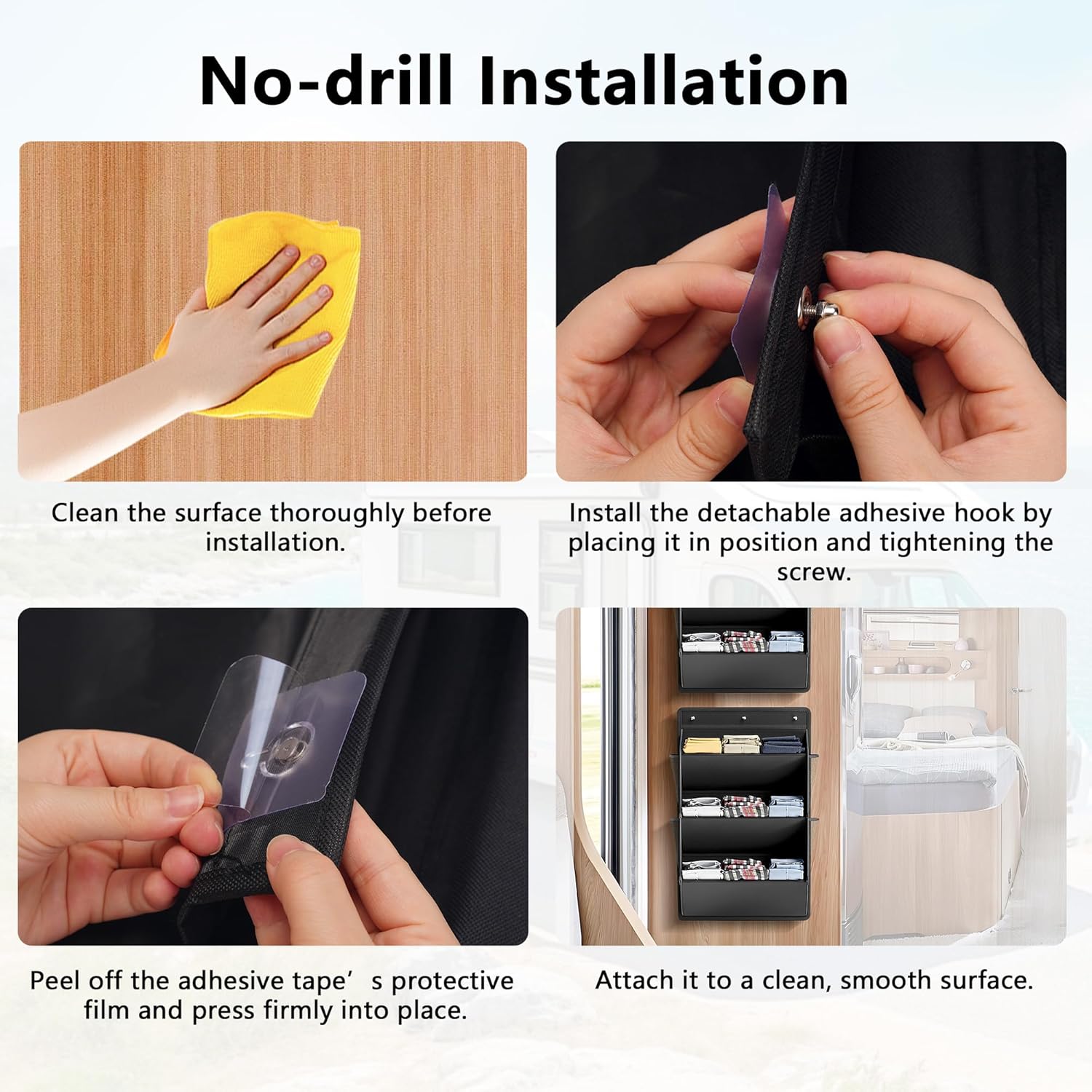 3 Layers Rv Shoe Storage, 2 Pack Hanging Shoe Organizer with Sticky Adhesive Tape, Over the Door Shoe Rack for Closet, Large Deep Pockets Wall Hanging Shoe Organizer for Boots in RV, Dorm, Black