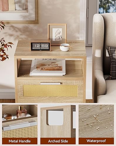 Miniatura 9 de YMYNY Mesita de noche con 2 cajones, mesa auxiliar bohemia, ratán decorado a mano, estante abierto con diseño arqueado, patas de madera maciza,